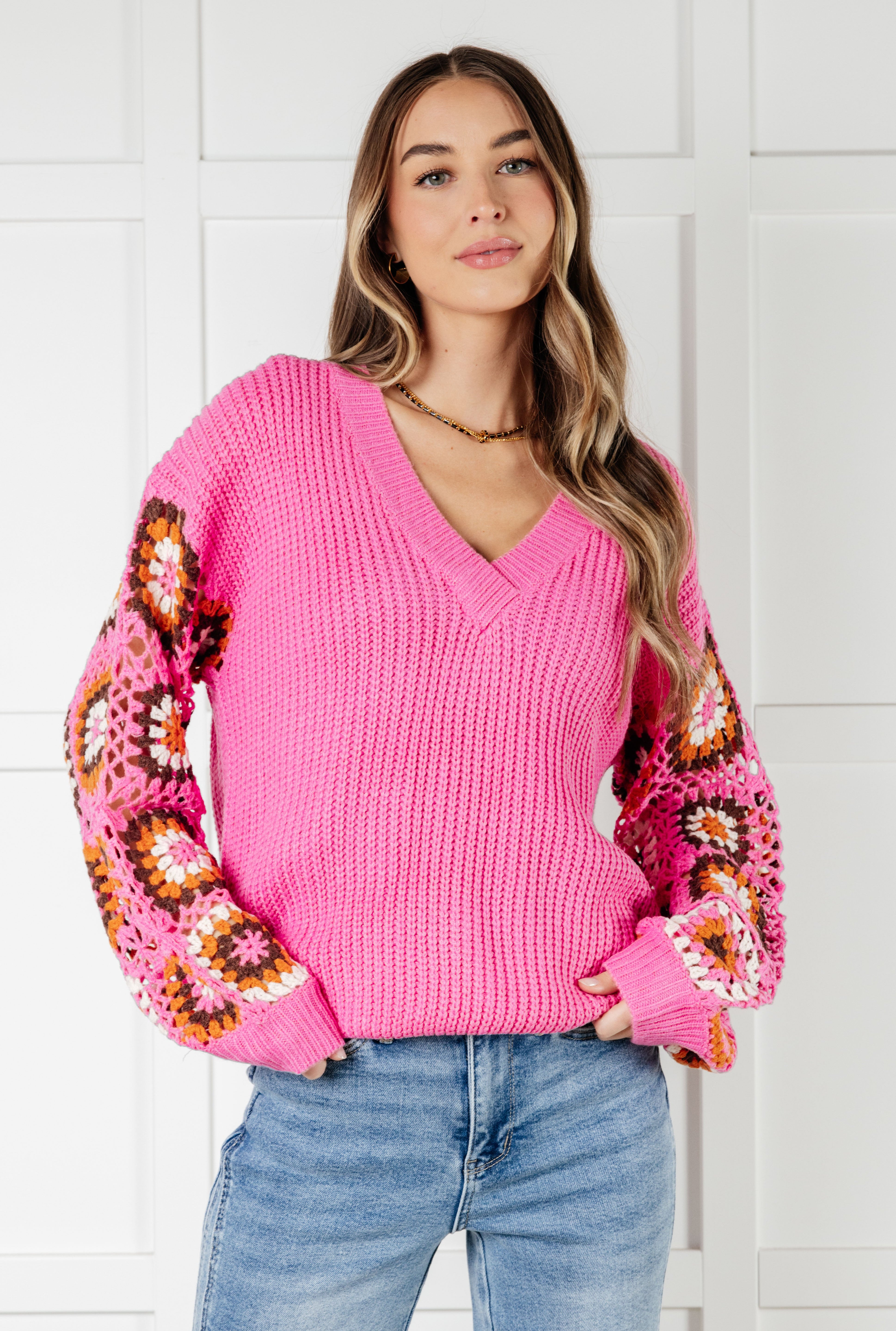 Bibi V-Neck Crochet Sleeve Knit Sweater Tops