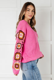 Bibi V-Neck Crochet Sleeve Knit Sweater Tops