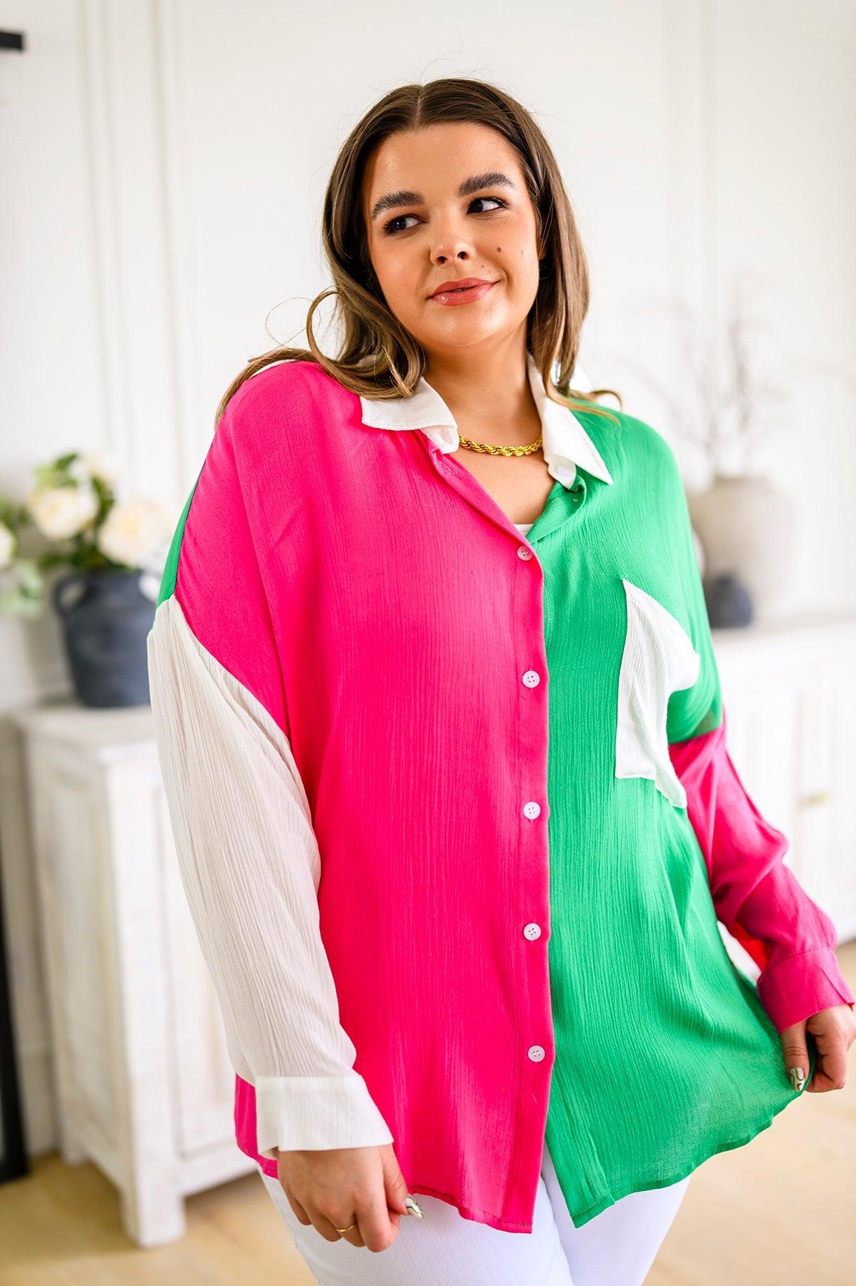 Capture the Day Two Toned Button Up Kelly Shirts