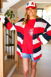 Simply Patriotic Red White & Blue Striped Crochet Cardigan | Daverri Fashions