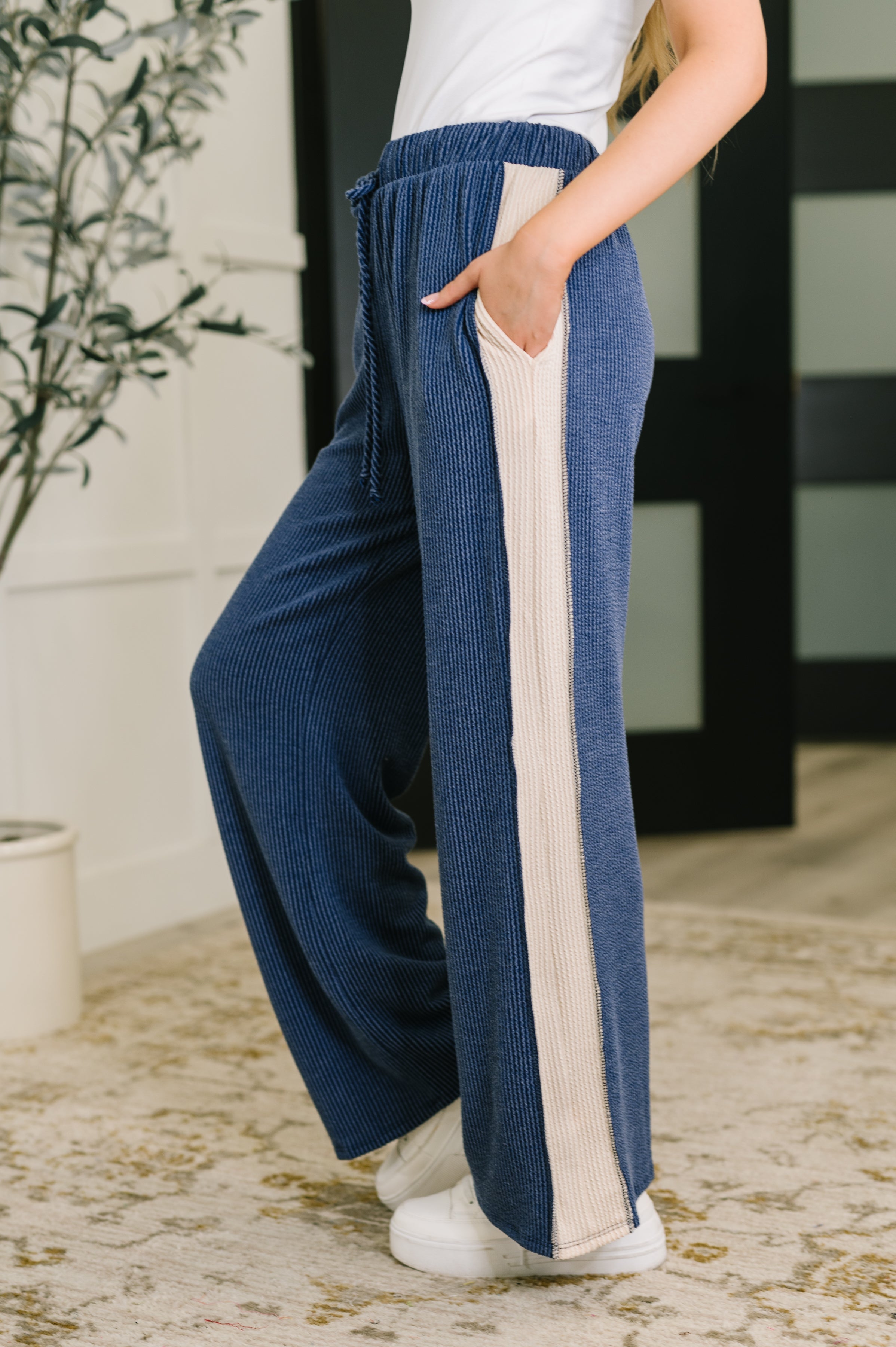 Heimish Contrast Stripe Straight Leg Bottoms Navy | Loungewear Pants Daverri Fashions