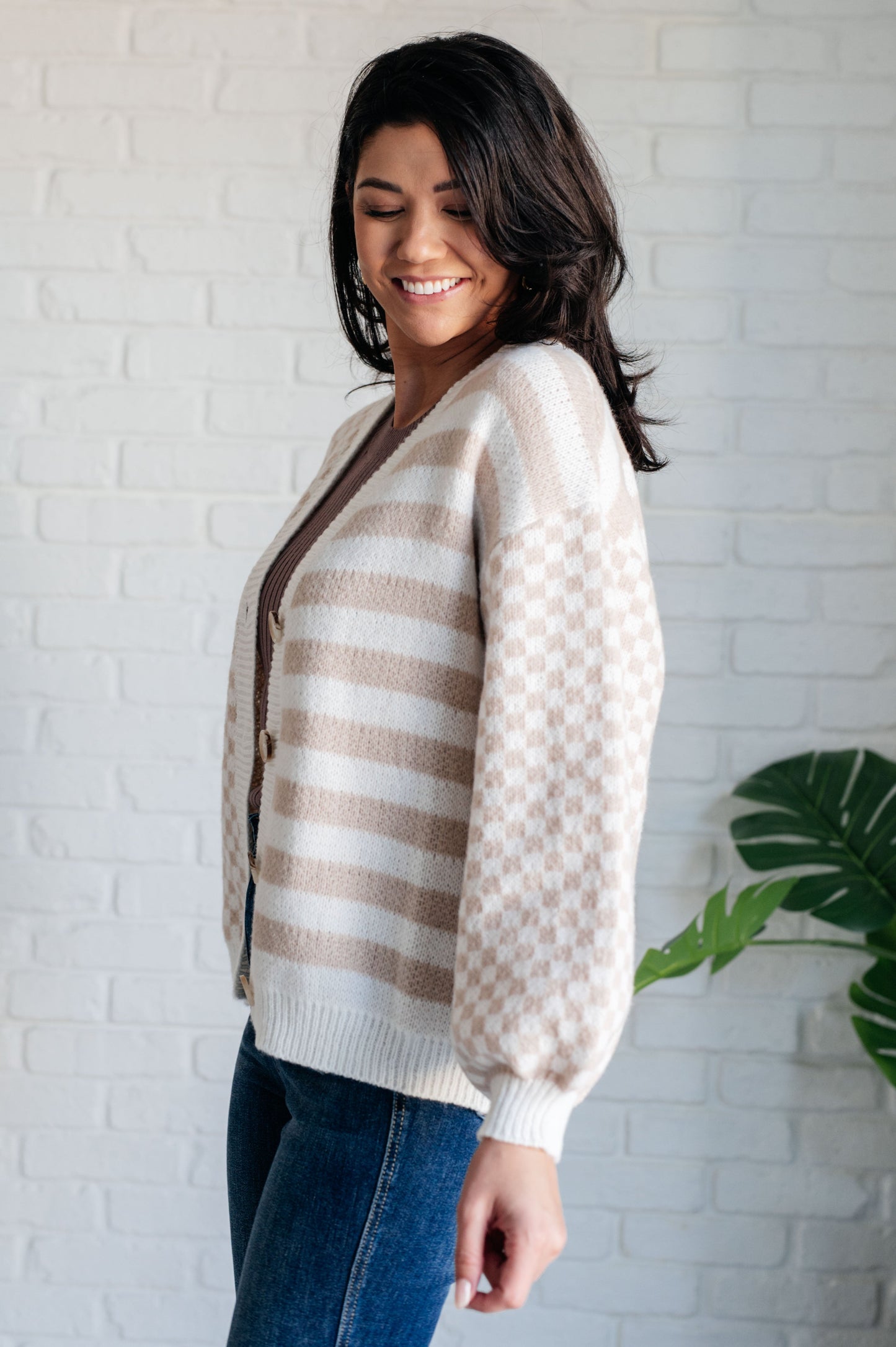 Cozy cream and beige striped Check That Line Cardigan with checkered sleeves