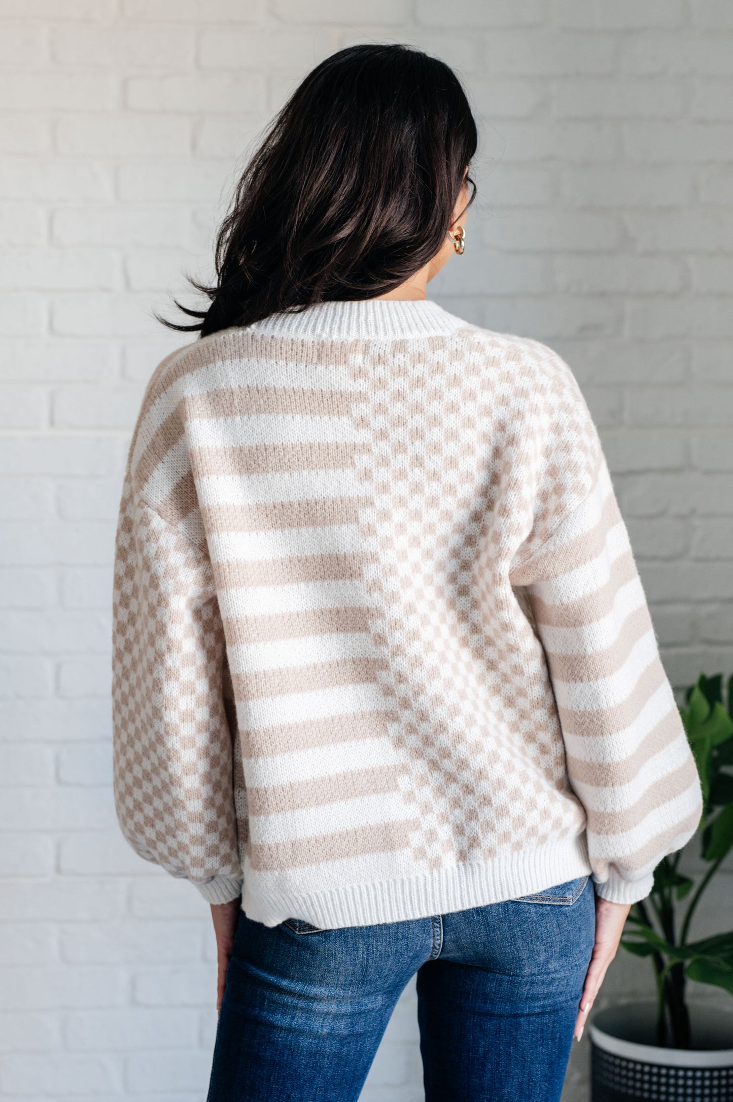 Cozy cream and white striped Check That Line Cardigan with checkered back