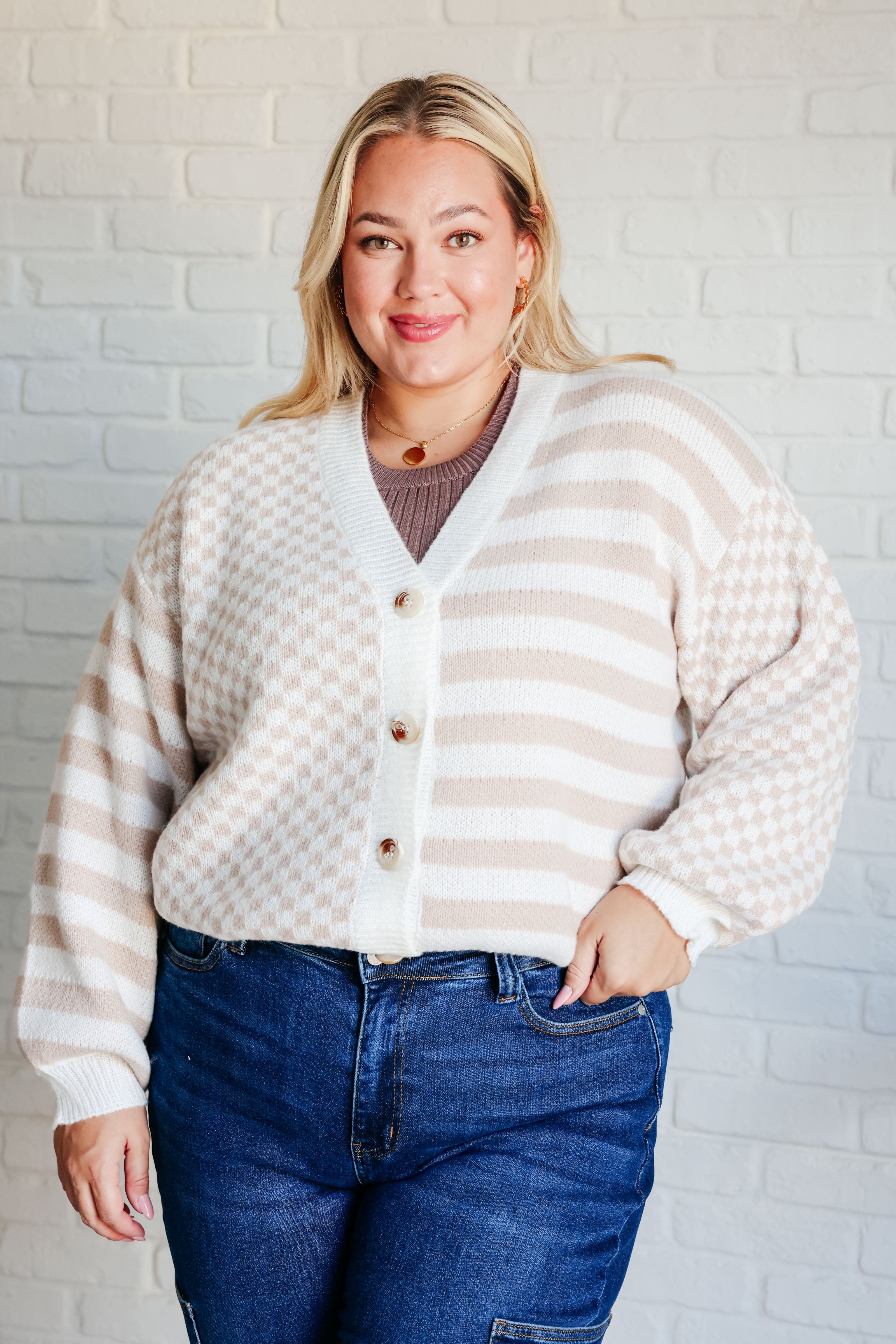 Cozy Check That Line Cardigan in cream beige stripes with v-neck