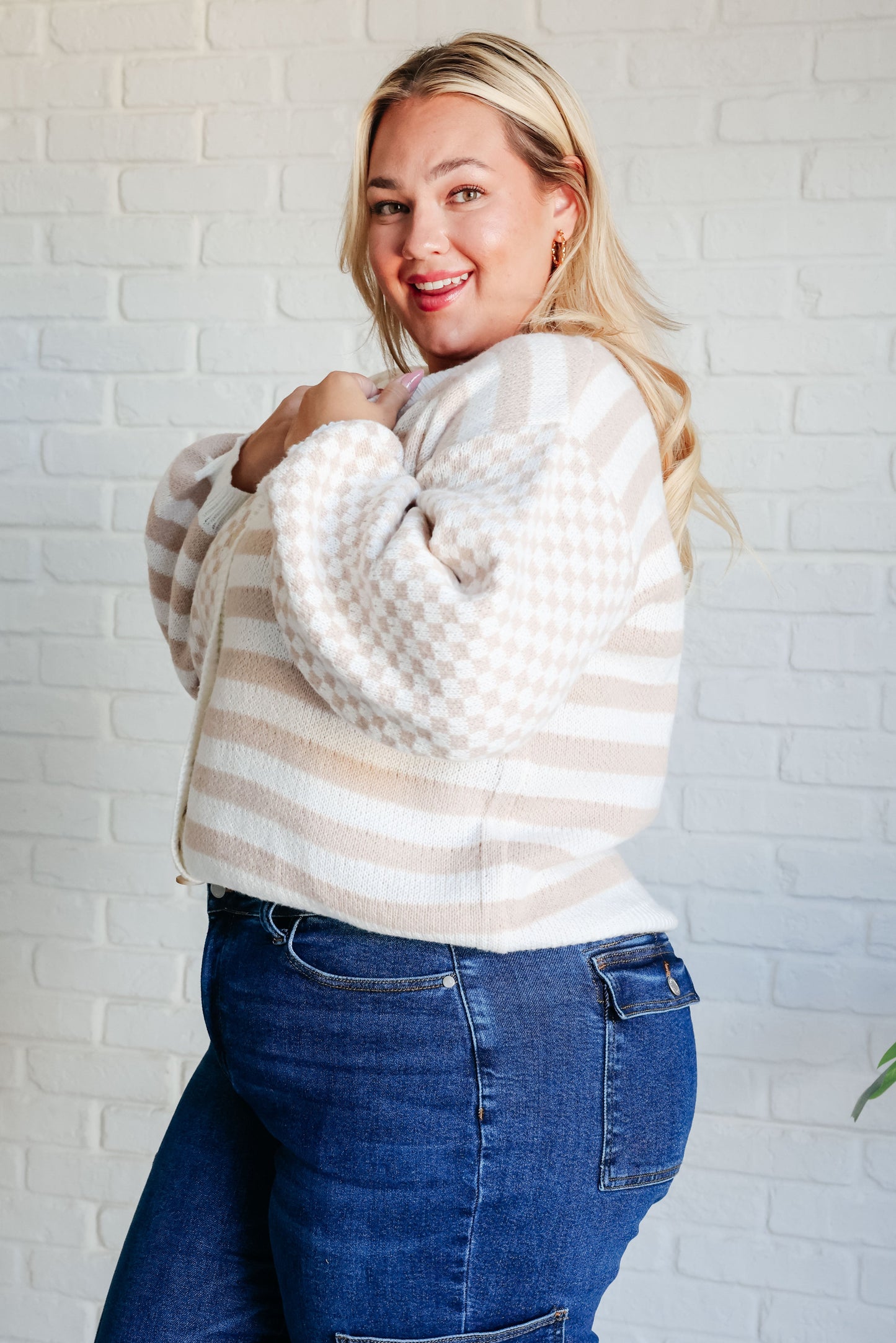 Cozy Check That Line Cardigan with cream beige stripes and checkered sleeves