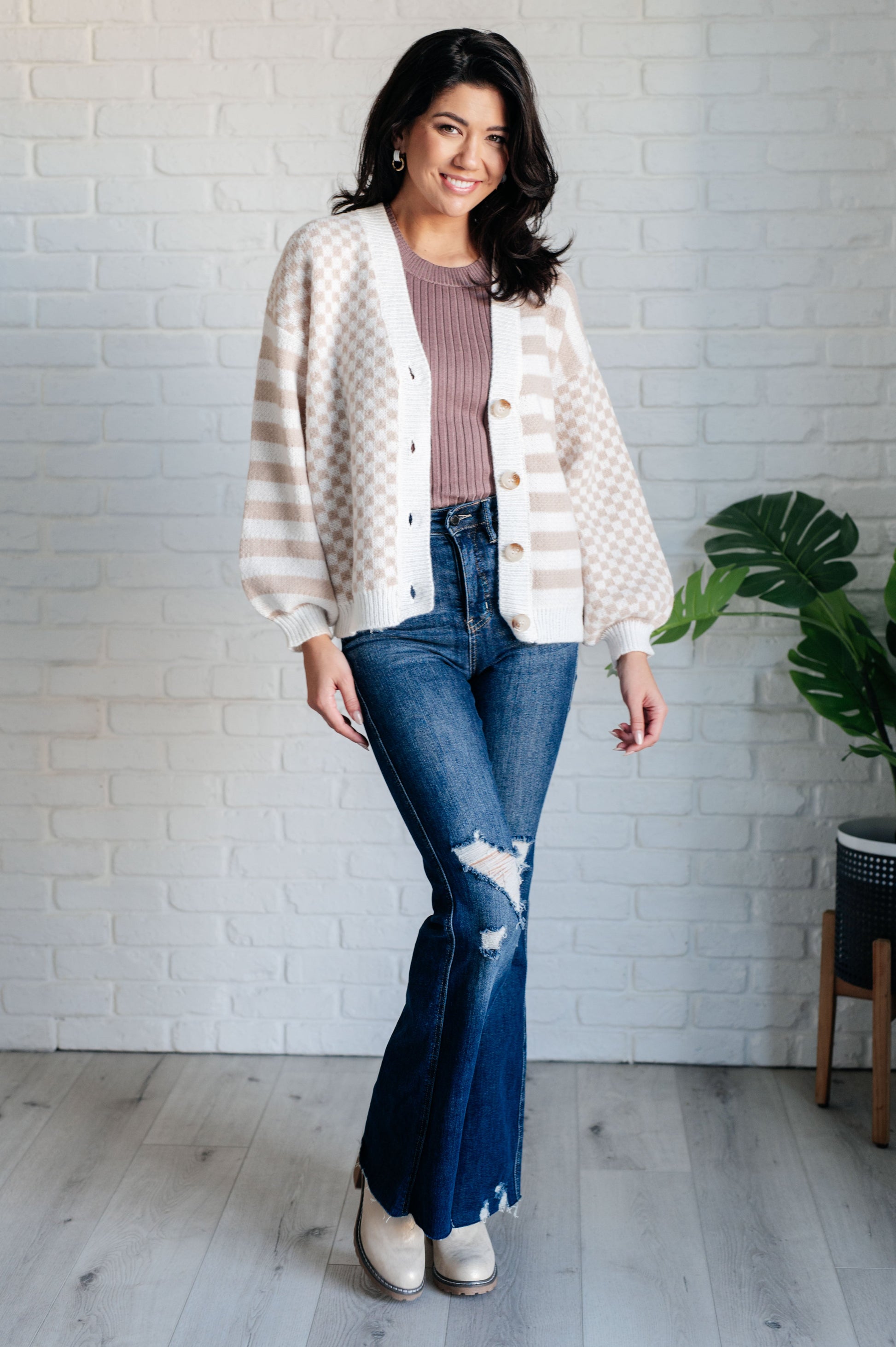 Cozy cream and beige striped knit Check That Line Cardigan with checkered front panels