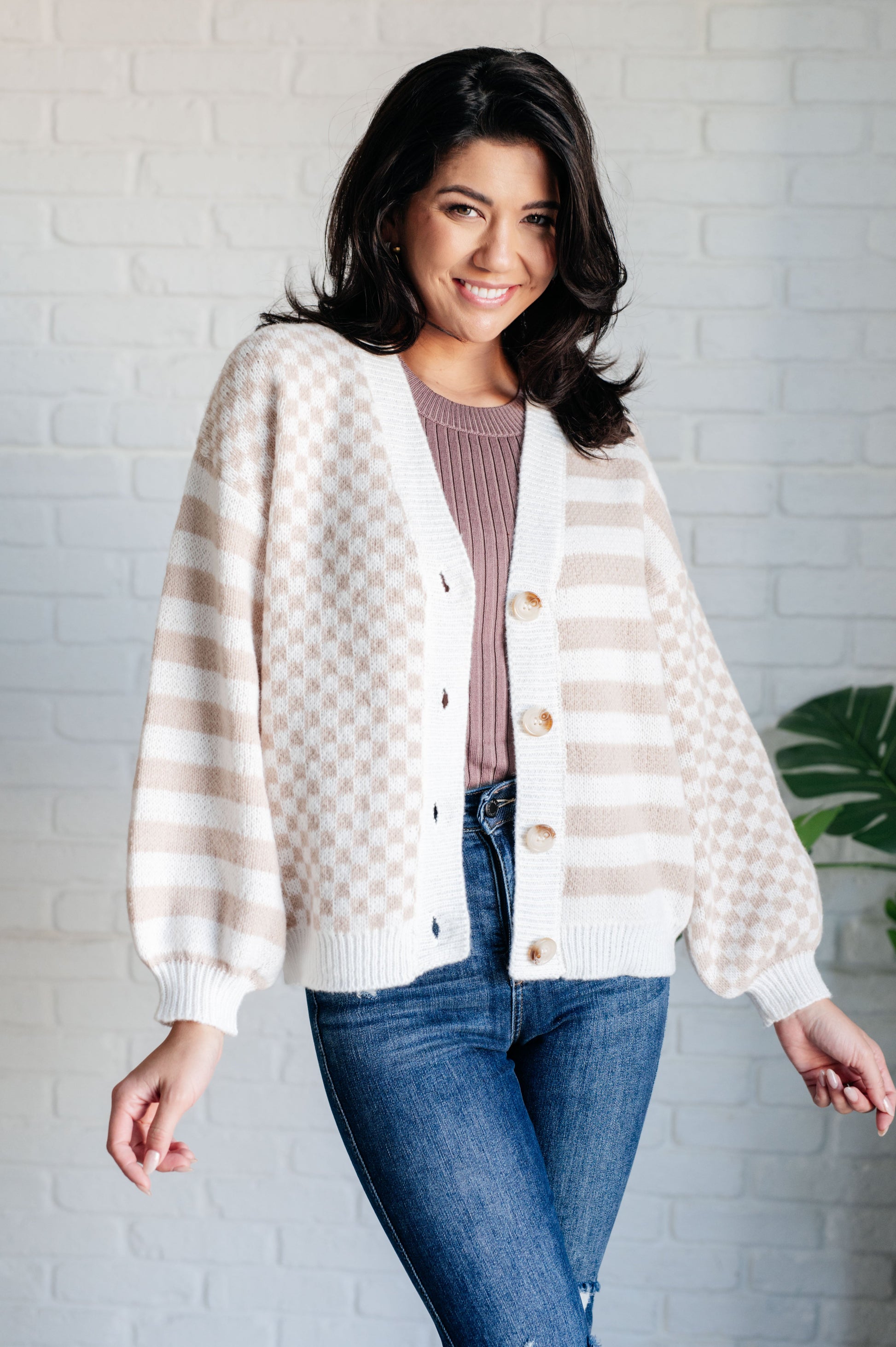 Cozy Check That Line Cardigan in cream beige stripes with checkered sleeves