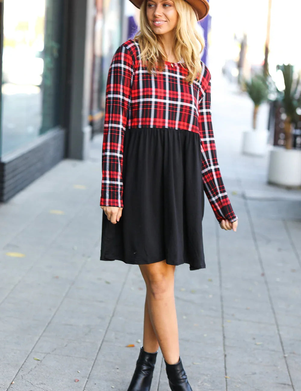 Holiday Plaid Twofer Babydoll Dress | Daverri Fashions