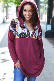 Stand Out Burgundy Tribal Print Half Zip Longline Hoodie | Daverri Fashions