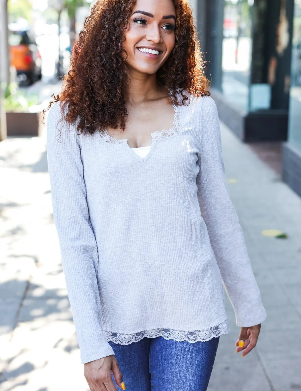 Feels Like Love Grey Lace Trim Rib Long Sleeve Top | Daverri Fashions