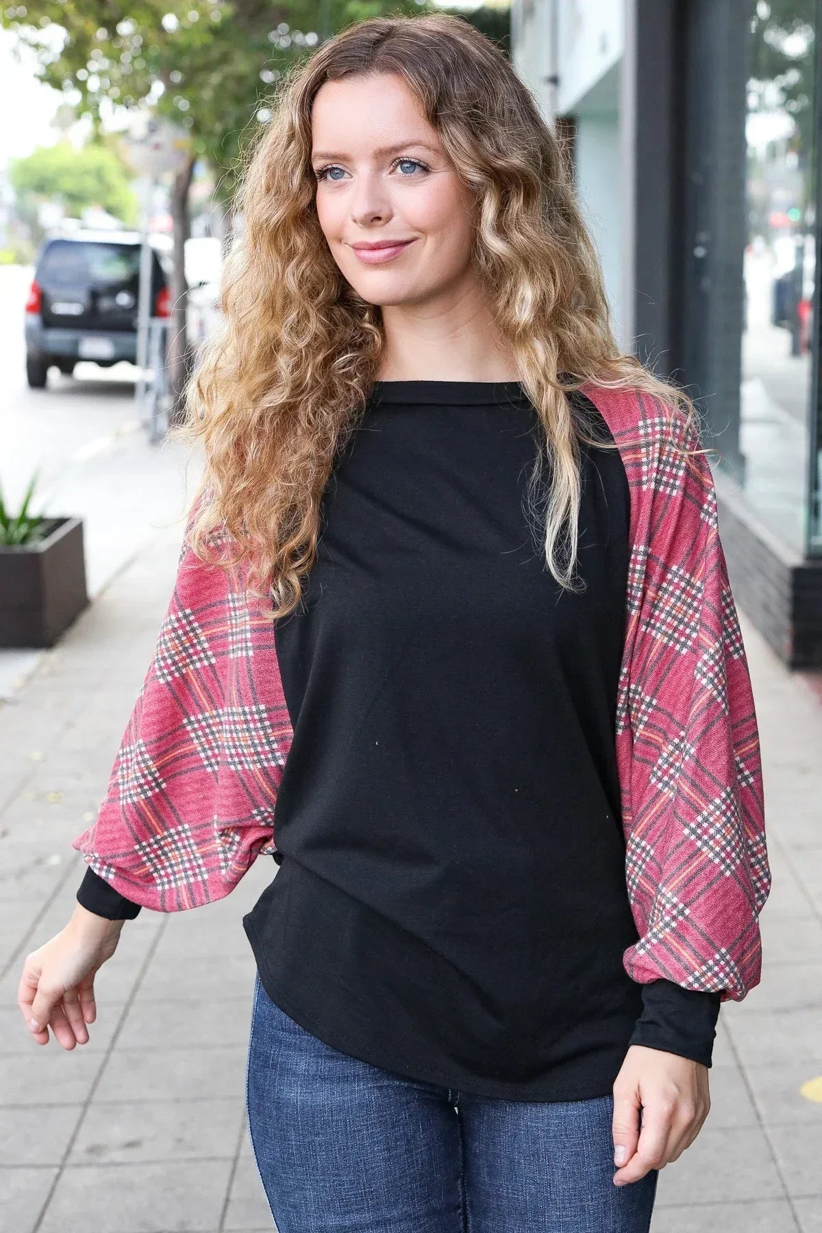 You Got This Burgundy Plaid Dolman Round Neck Top - DAVERRI FASHIONS