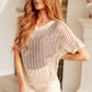 Coastal Dreams Fishnet Top in Cream: beige knitted mesh with short sleeves and fringed hem