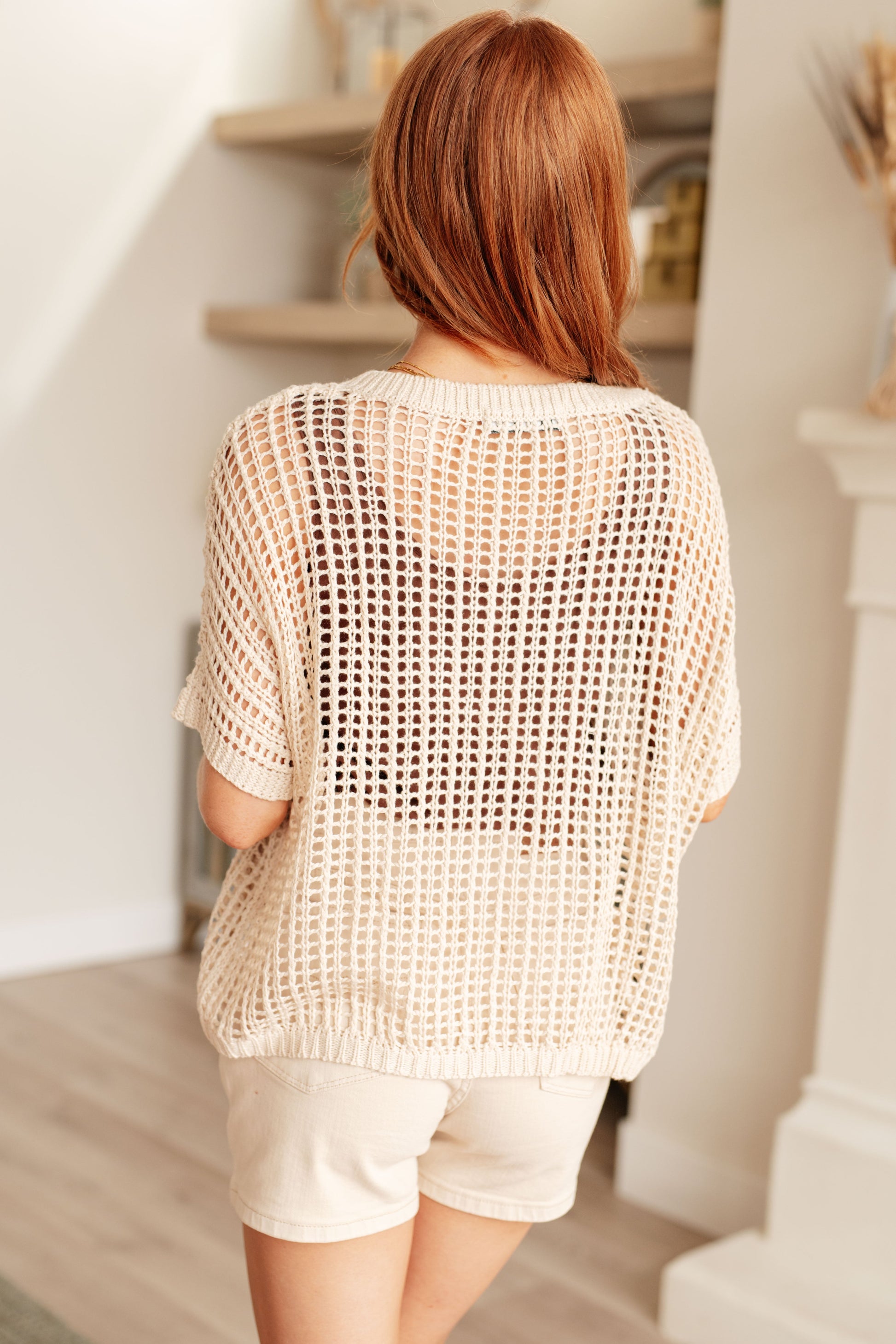 Cream Coastal Dreams Fishnet Top: open-knit crochet with short sleeves