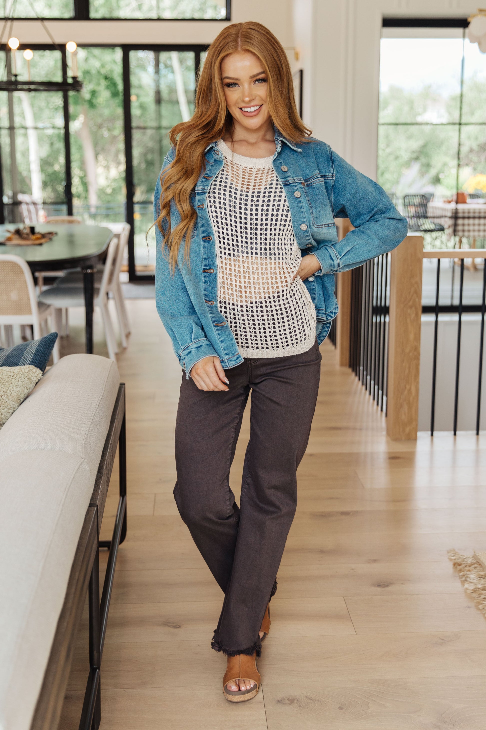 Cream coastal dreams fishnet top with blue denim jacket, button closures, rolled sleeves