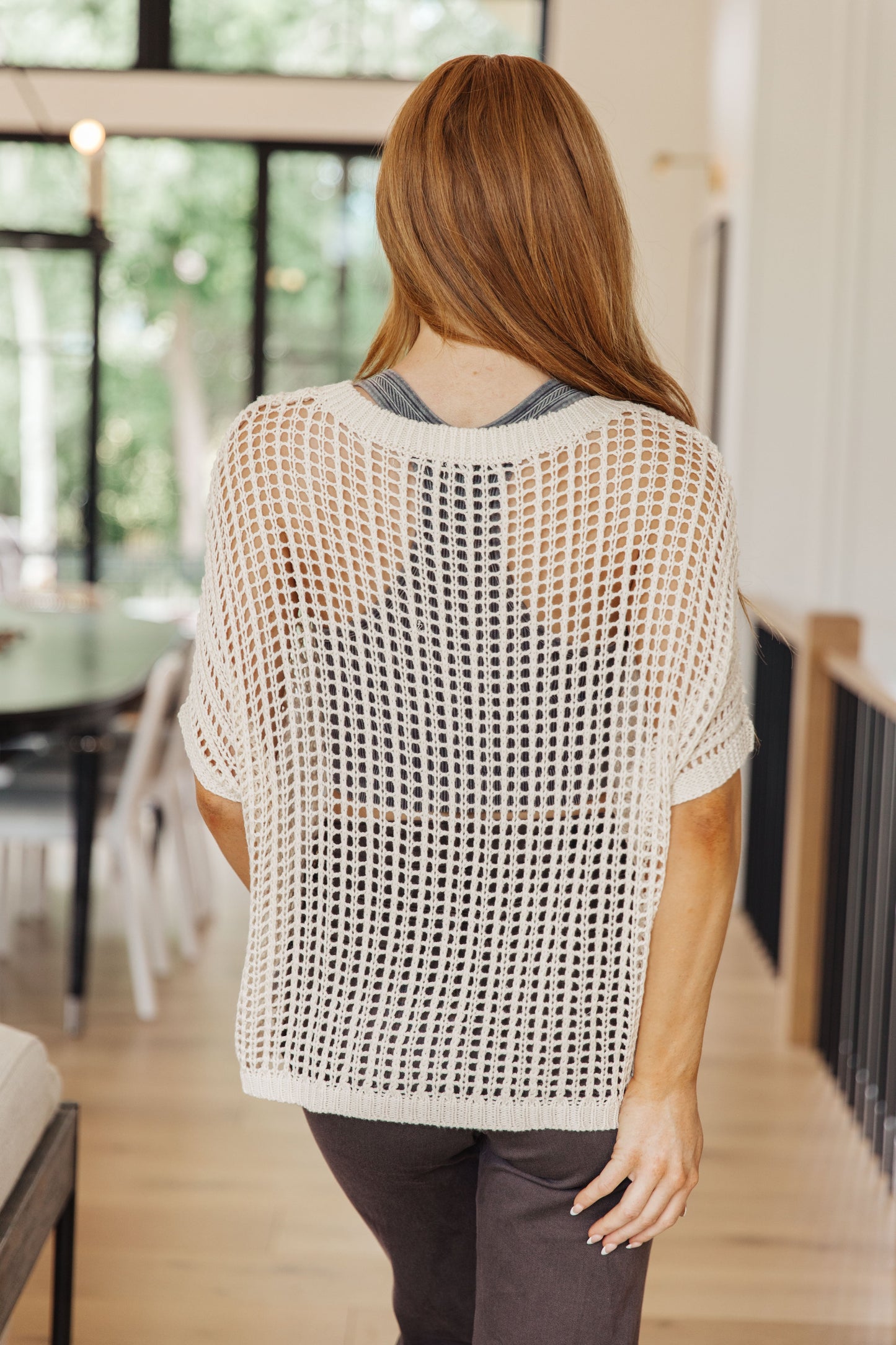 Coastal Dreams Fishnet Top in Cream, open-knit mesh with short sleeves