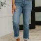 Colette Mid Rise Boyfriend Jeans with Rolled Cuffs and White Sandals