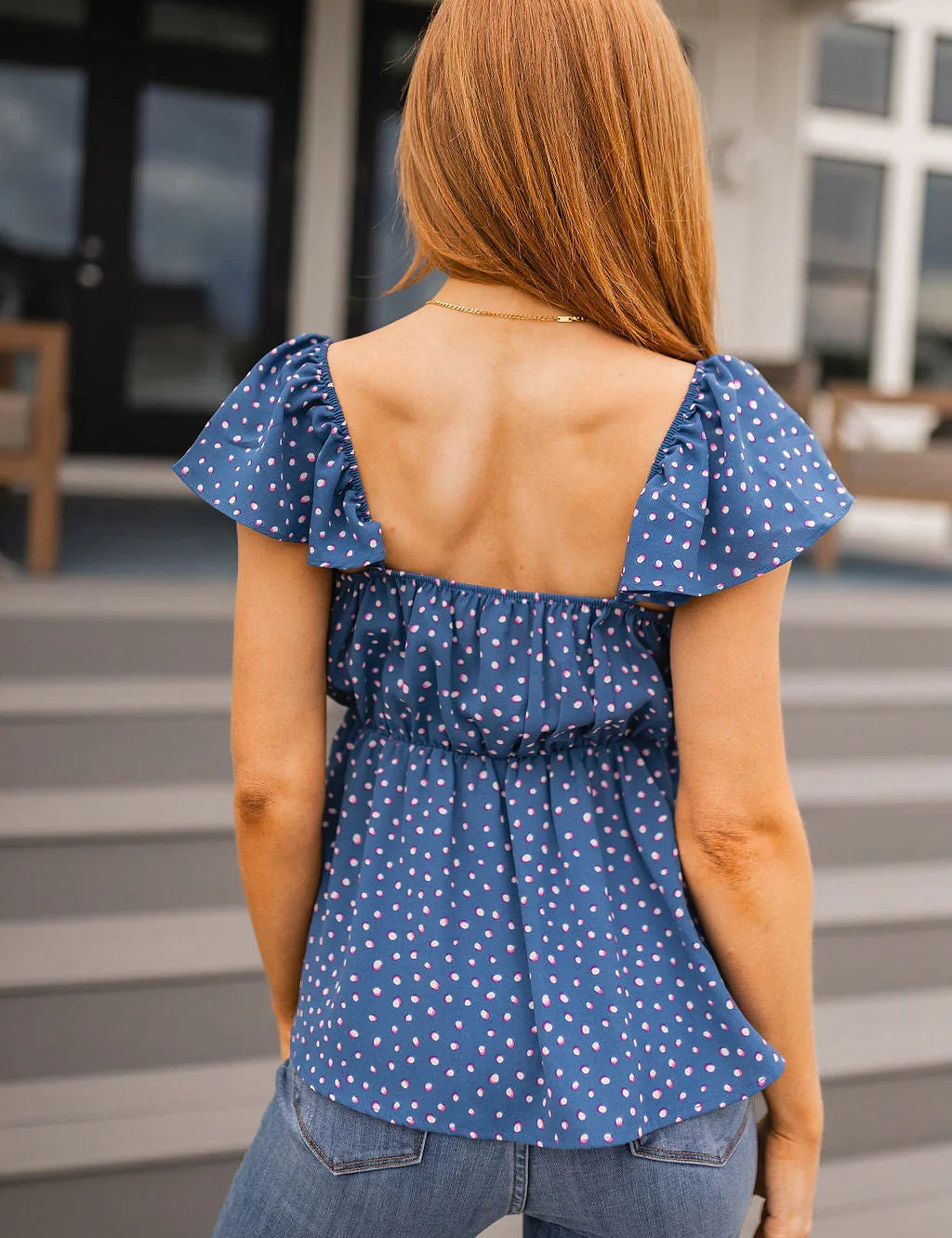 Blue polka dot Connect the Dots Peplum Blouse with ruffled sleeves