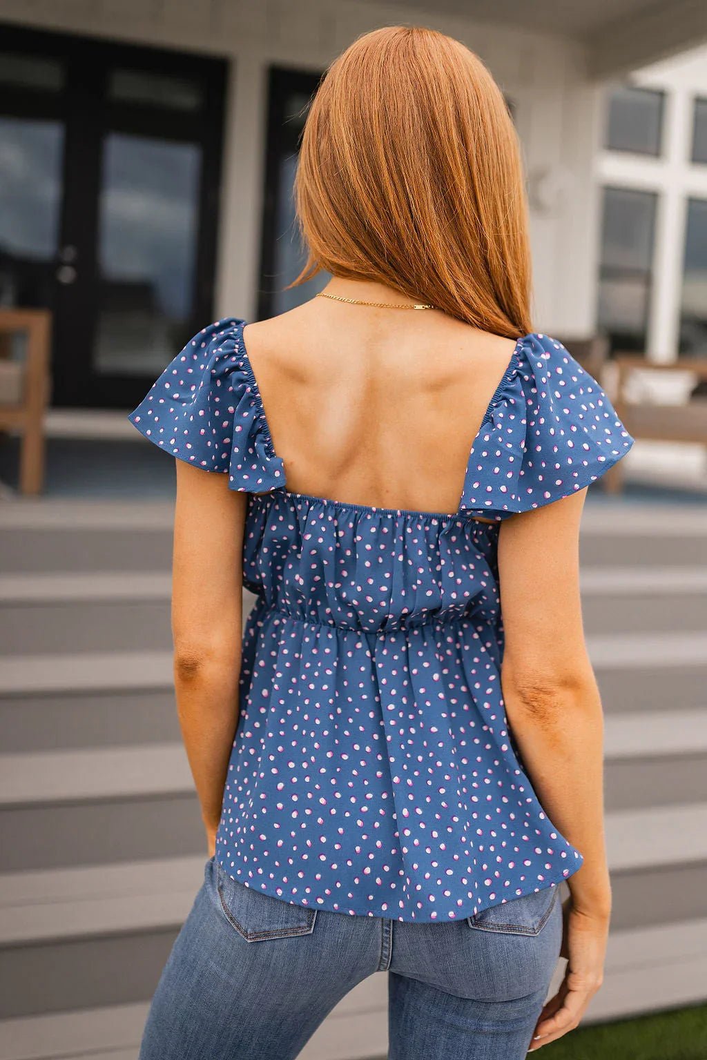 Blue polka dot Connect the Dots Peplum Blouse with ruffled sleeves
