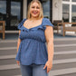 Blue polka dot ruffled Connect the Dots Peplum Blouse with denim jeans