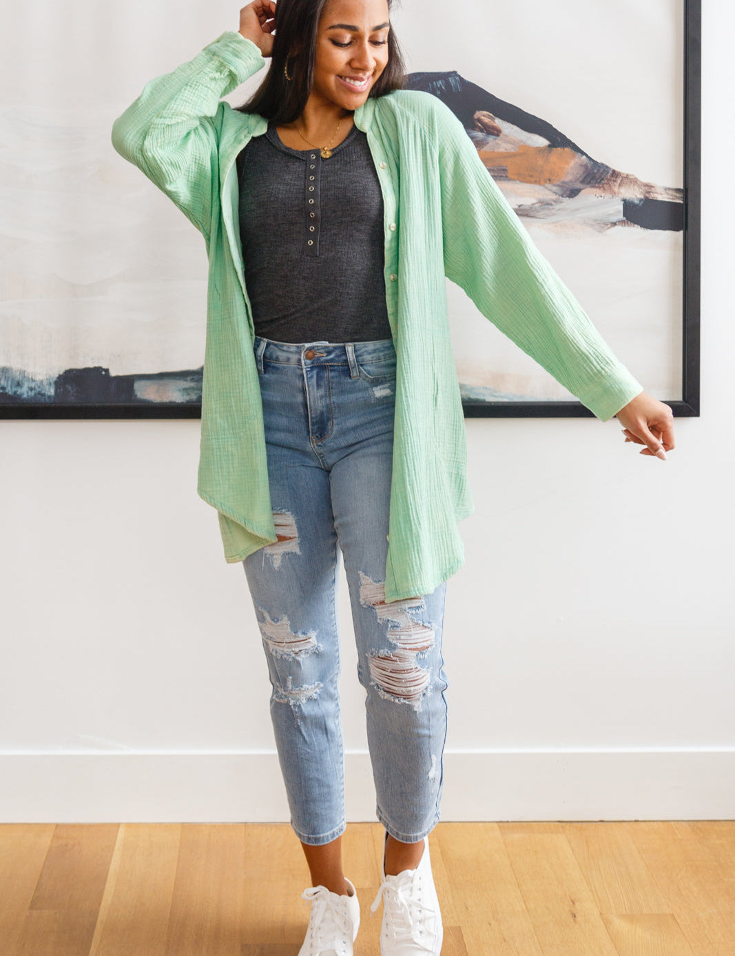 Corey Button Up Top In Vintage Green | Tops Daverri Fashions