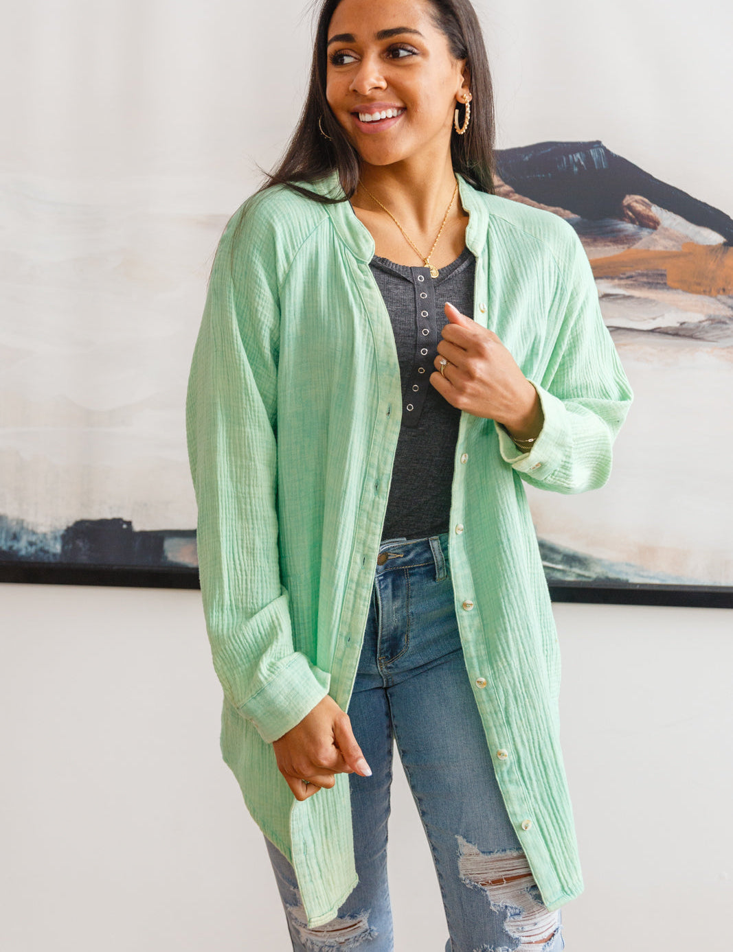 Corey Button Up Top In Vintage Green | Tops Daverri Fashions