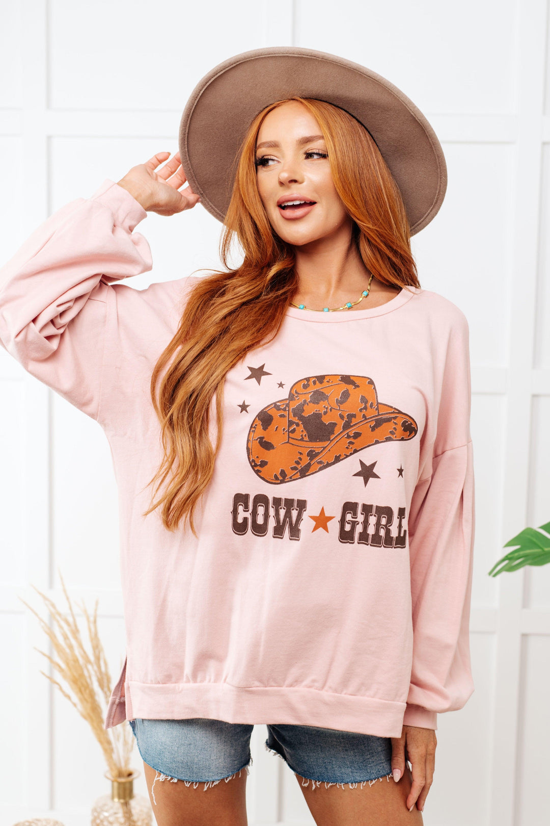 Cow Girl Graphic Pullover in Dusty Pink Tops