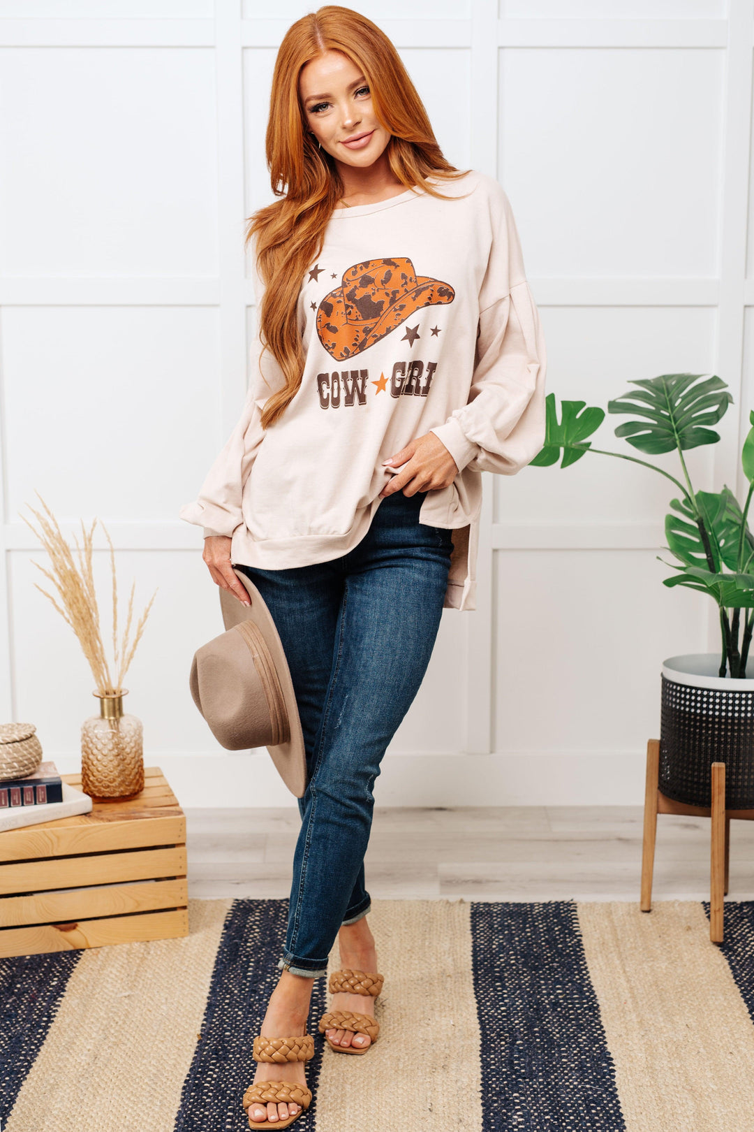 Cow Girl Graphic Pullover in Stone Tops