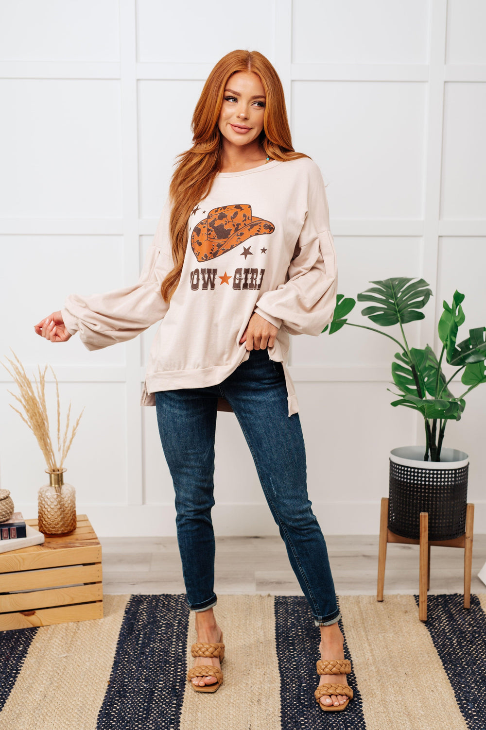 Cow Girl Graphic Pullover in Stone Tops