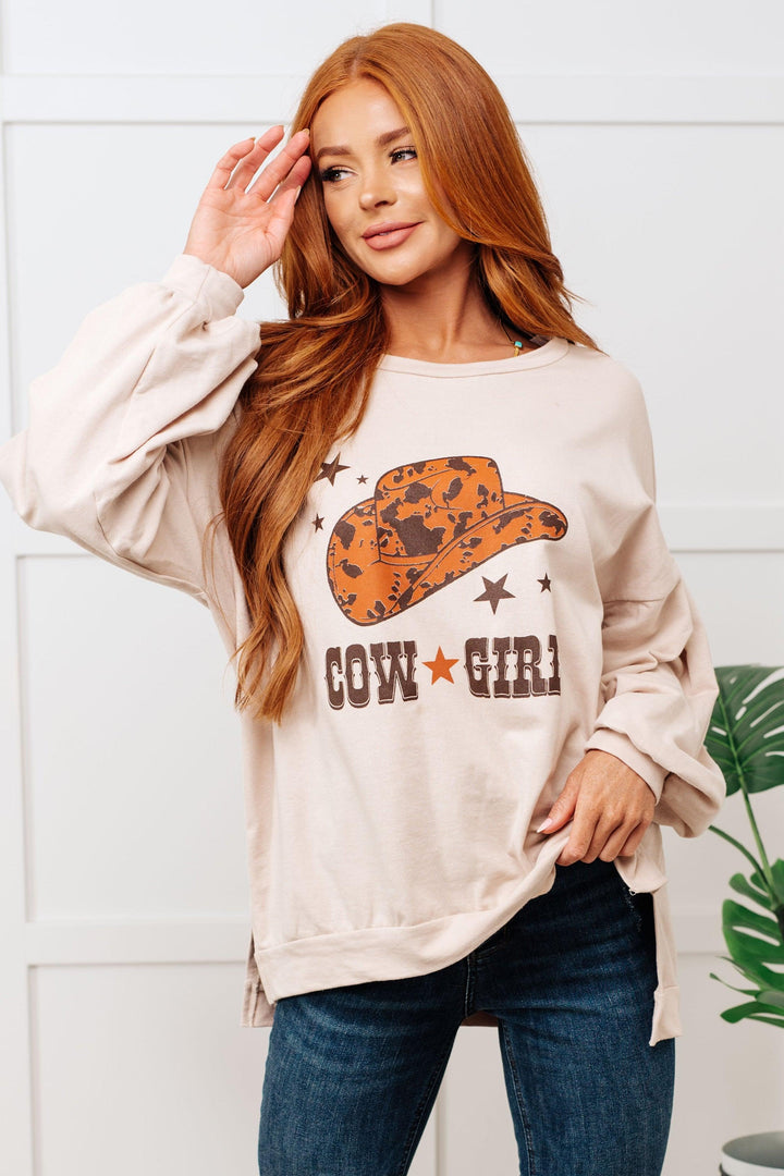 Cow Girl Graphic Pullover in Stone Tops