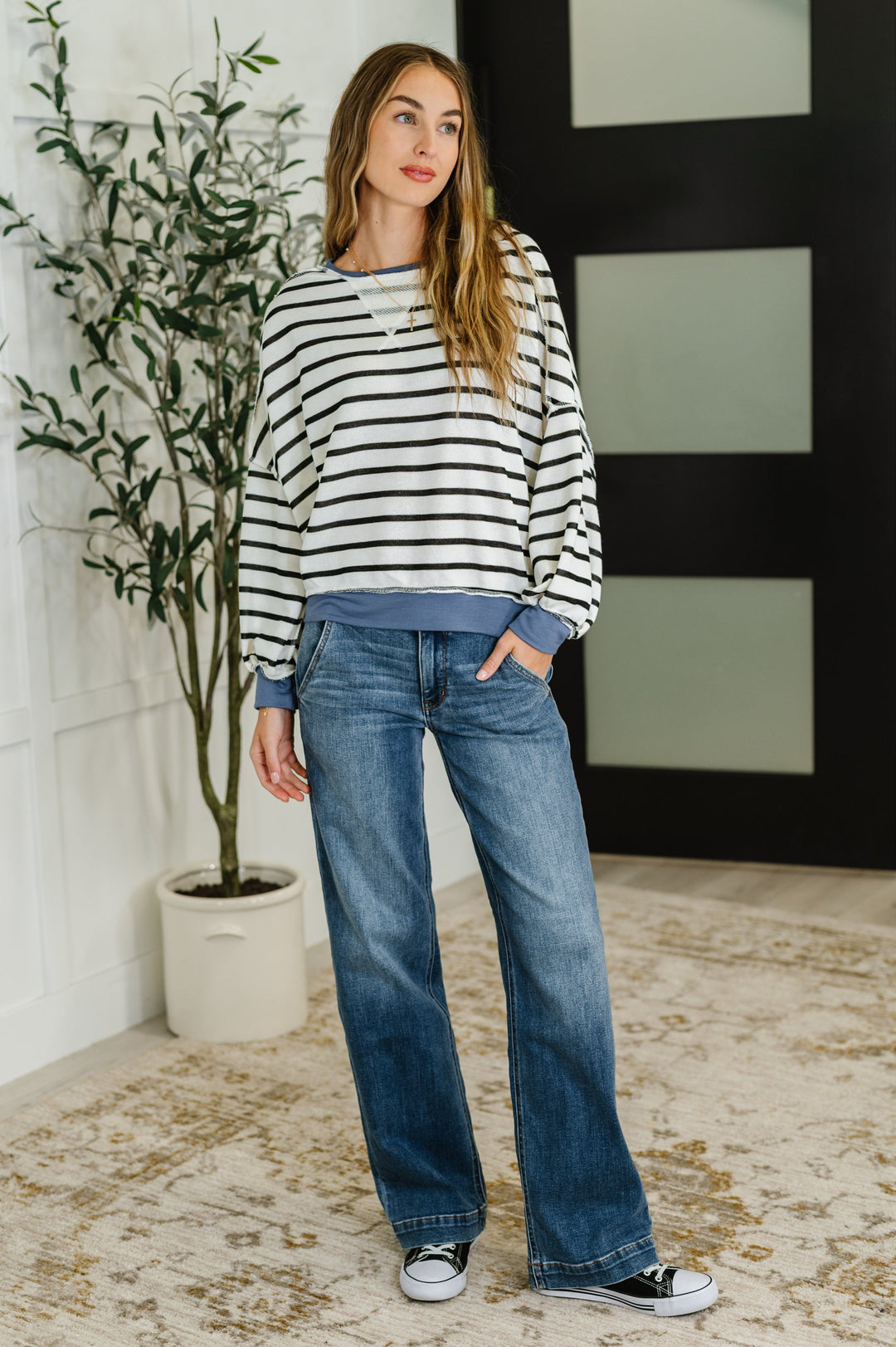 Cute in Comfort Crew Neck Pullover in White, Black and Denim | Womens Daverri Fashions