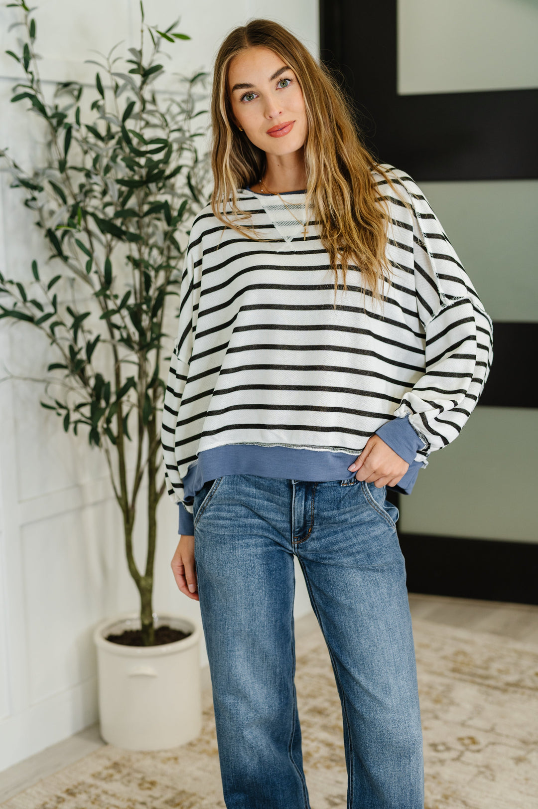 Cute in Comfort Crew Neck Pullover in White, Black and Denim | Womens Daverri Fashions