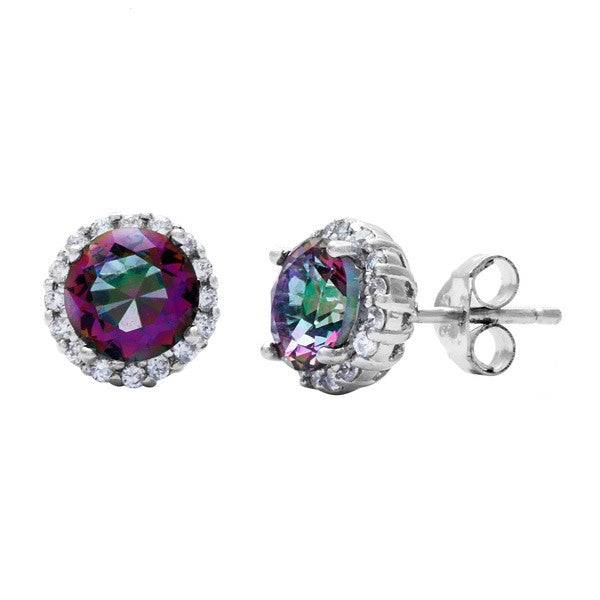 Sterling Silver Prong Round Rainbow CZ with Clear CZ Border Earrings Earrings