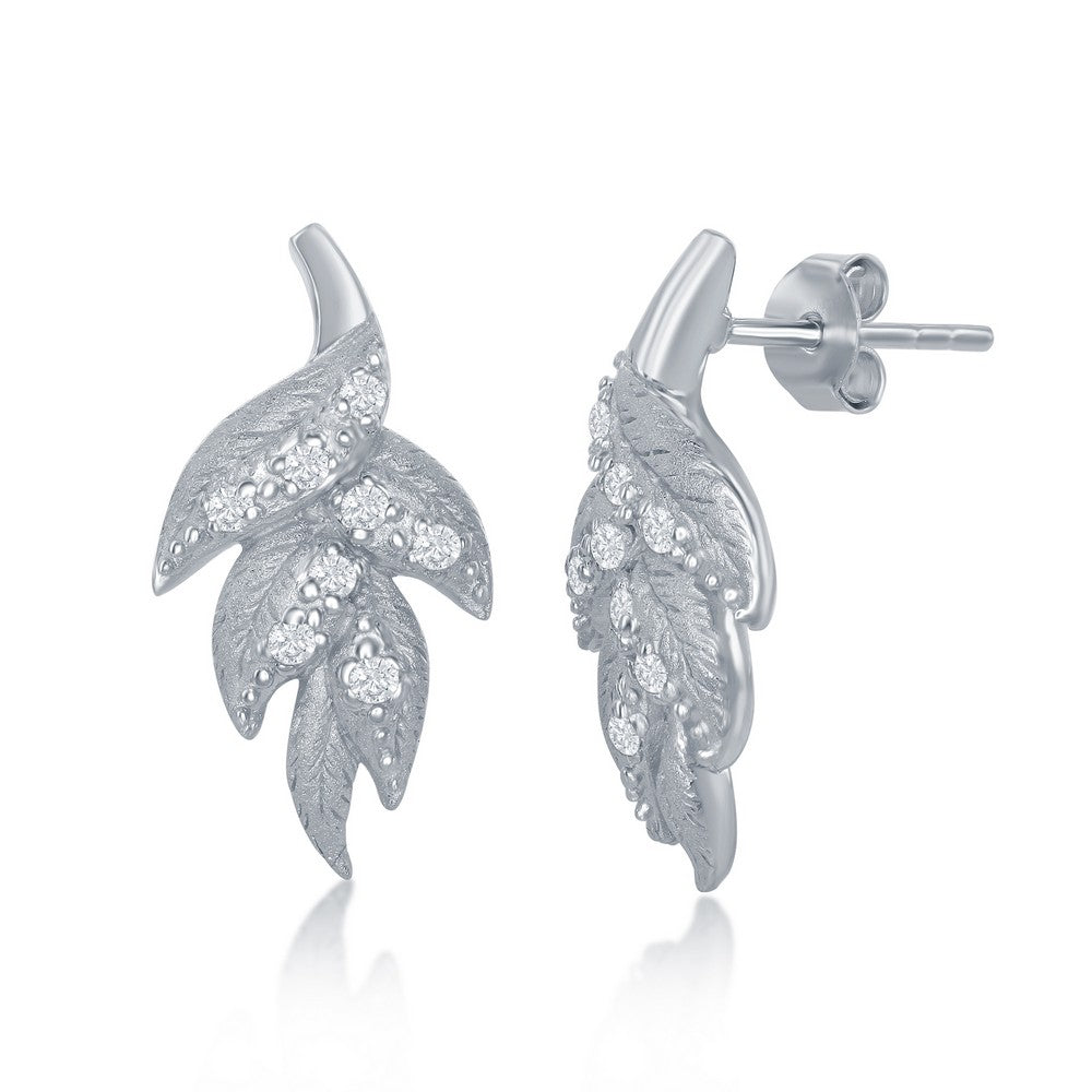 Sterling Silver Leaf Diamond Sanded CZ Stud Earrings Earrings