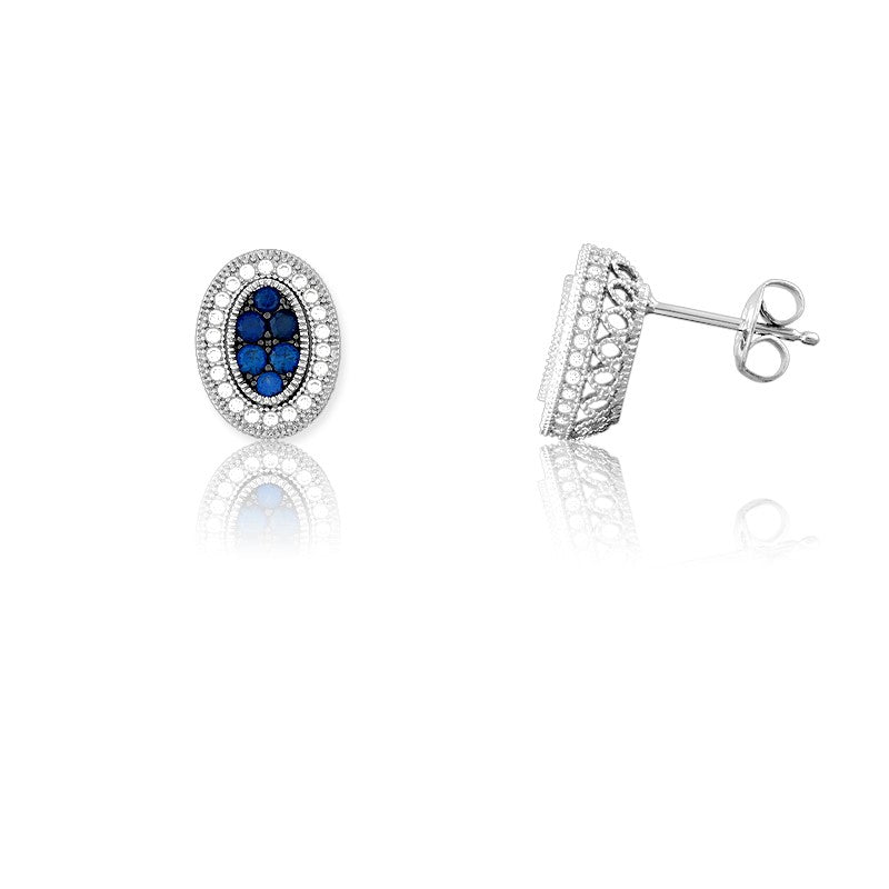 Sterling Silver Oval Sapphire and White CZ Micro Pave Earrings Earrings