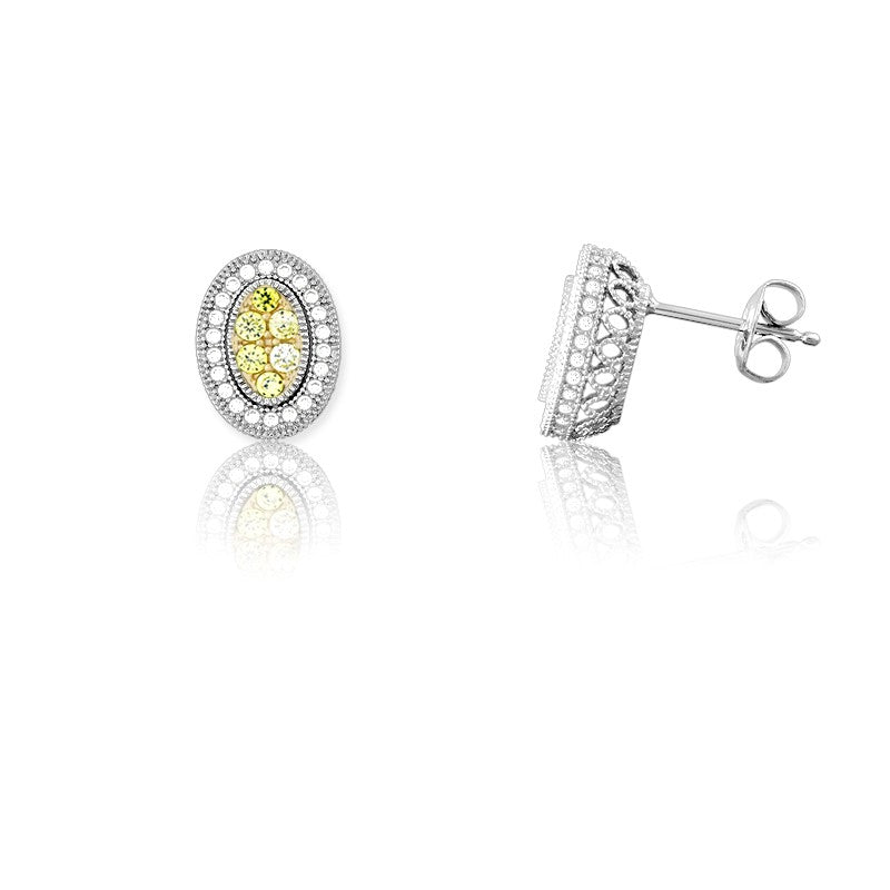 Sterling Silver Oval Canary and White CZ Micro Pave Earrings Earrings