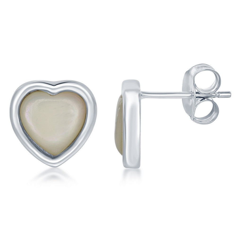 Sterling Silver Bezel Set MOP Heart Stud Earrings Earrings