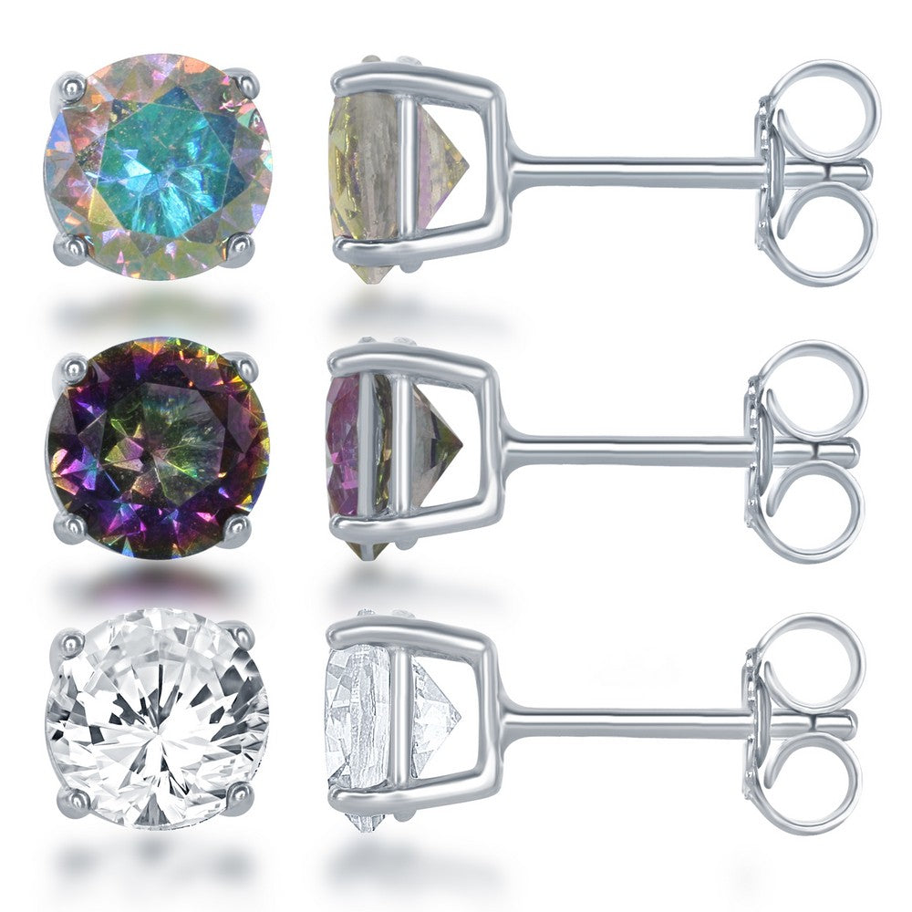 Sterling Silver 6mm Set of 3 Round Clear, AB, and Rainbow CZ Stud Earrings Earrings