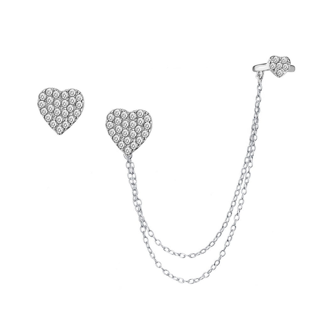 Sterling Silver Micro Pave CZ Single Stud & Stud with Cuff Heart Earrings Earrings