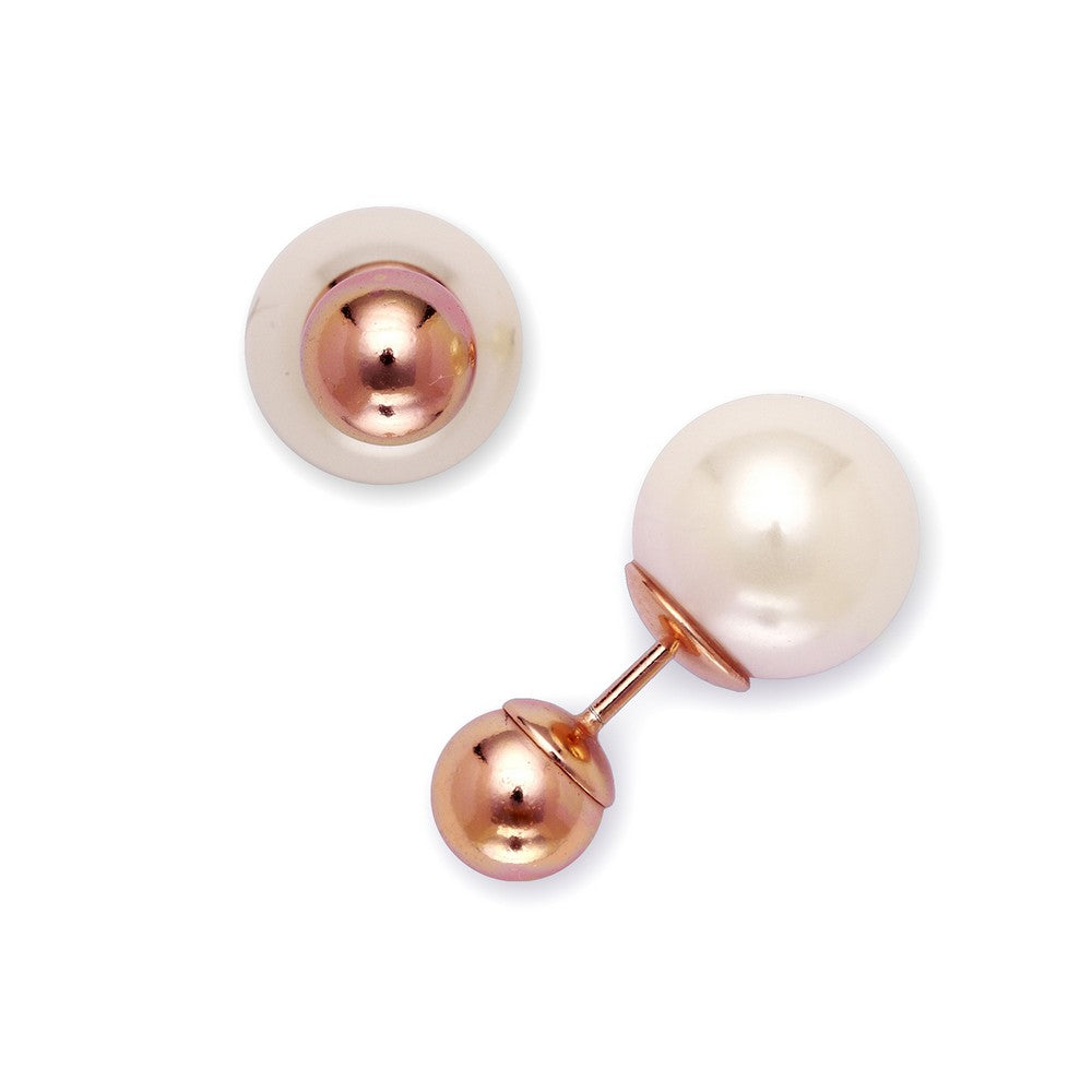 Sterling Silver 6mm Rose GP Bead with 10mm Simulated White Pearl Earrings Earrings