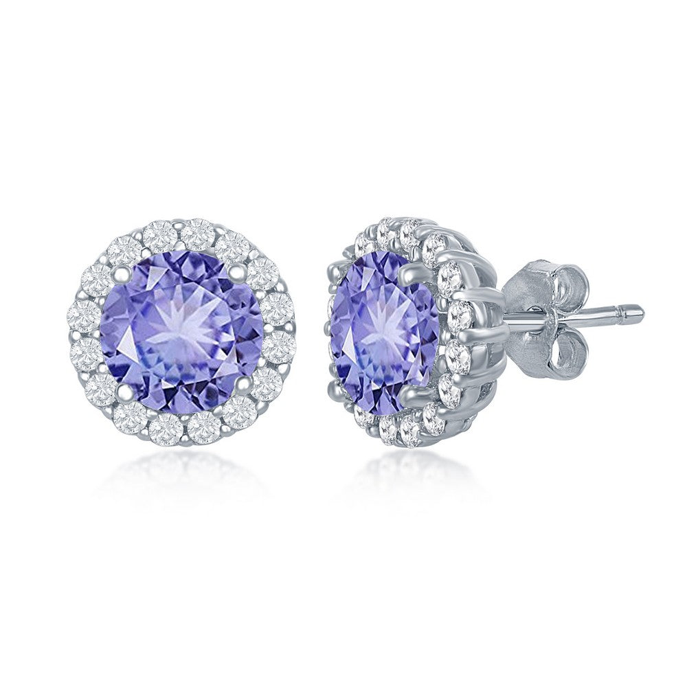 Sterling Silver Prong Round Tanzanite CZ with Clear CZ Border Stud Earrings Earrings