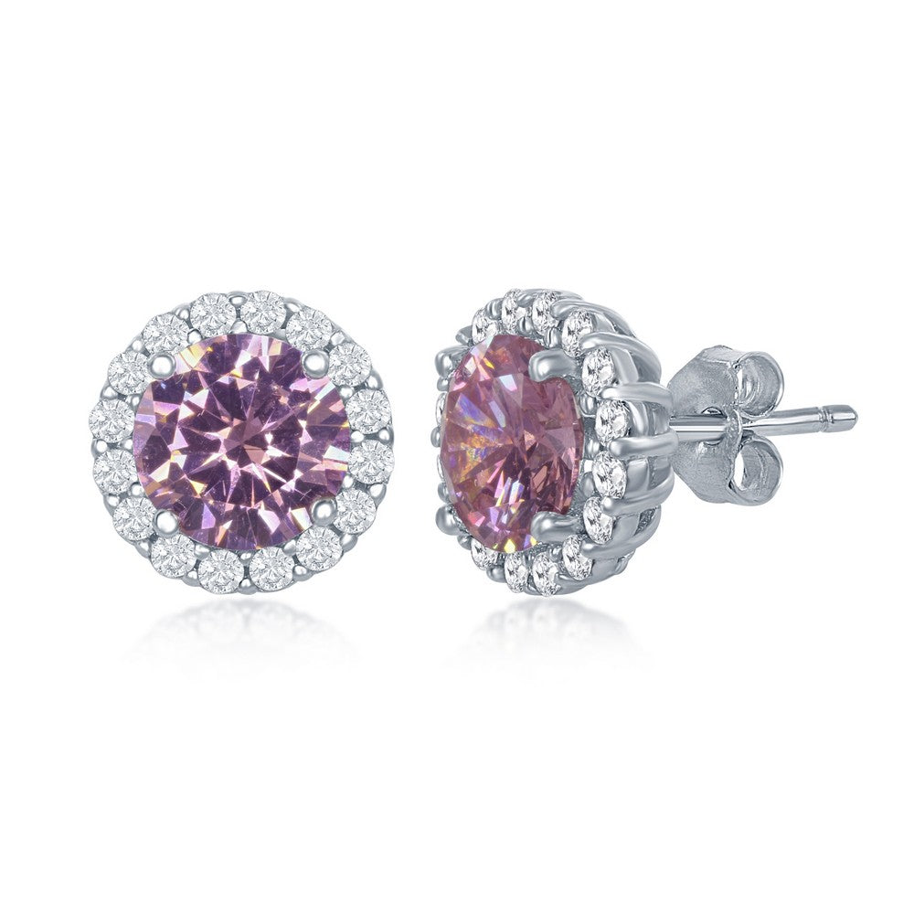 Sterling Silver Prong Round Pink CZ with Clear CZ Border Stud Earrings Earrings