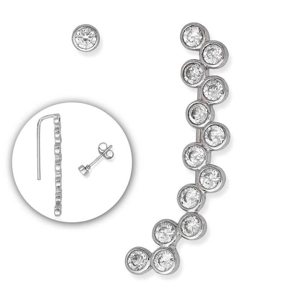 Sterling Silver Bezel Set Zig Zag CZ Climber and One Stud Earrings Earrings