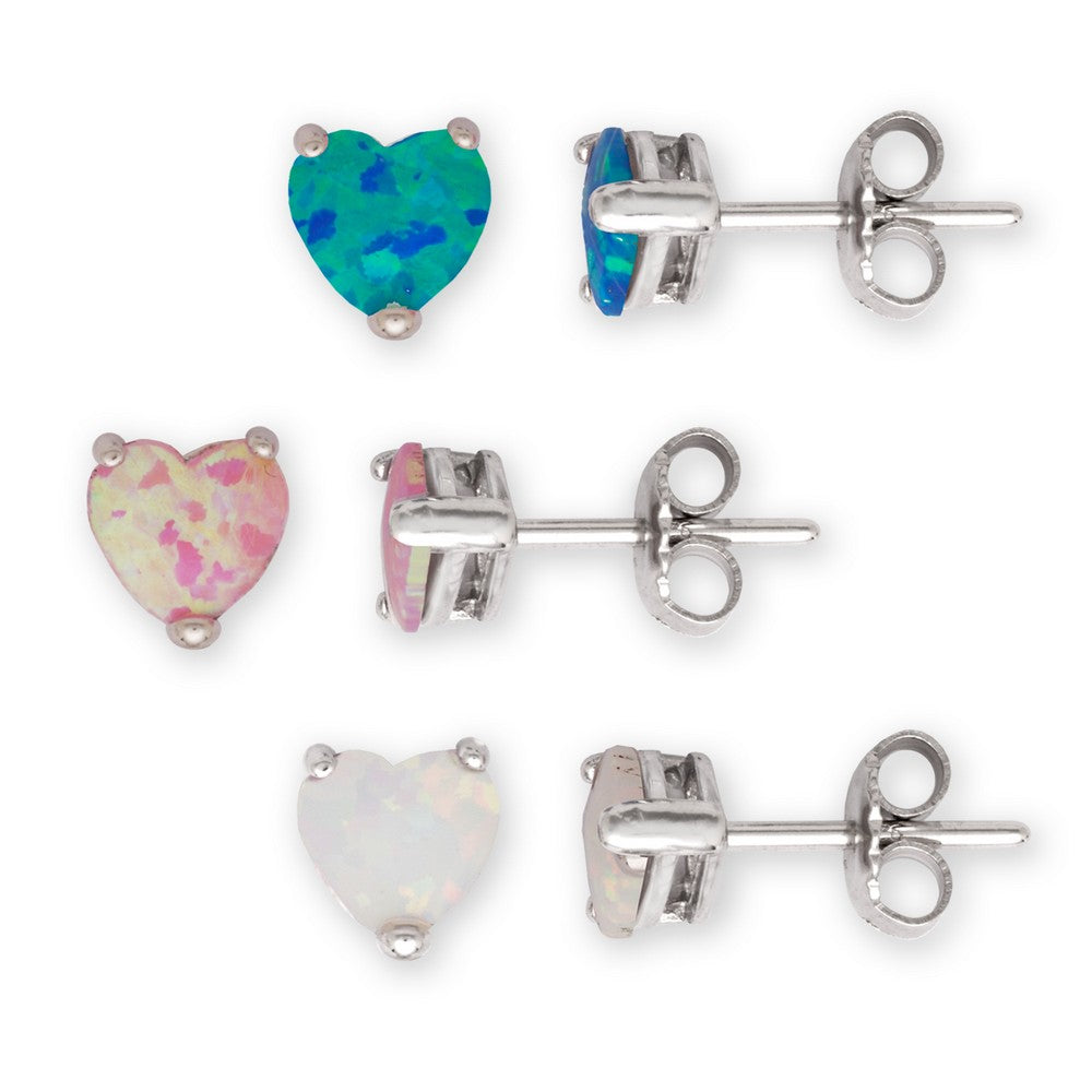 Sterling Silver 6mm White, Pink, and Blue Opal Set of 3 Heart Stud Earrings Earrings