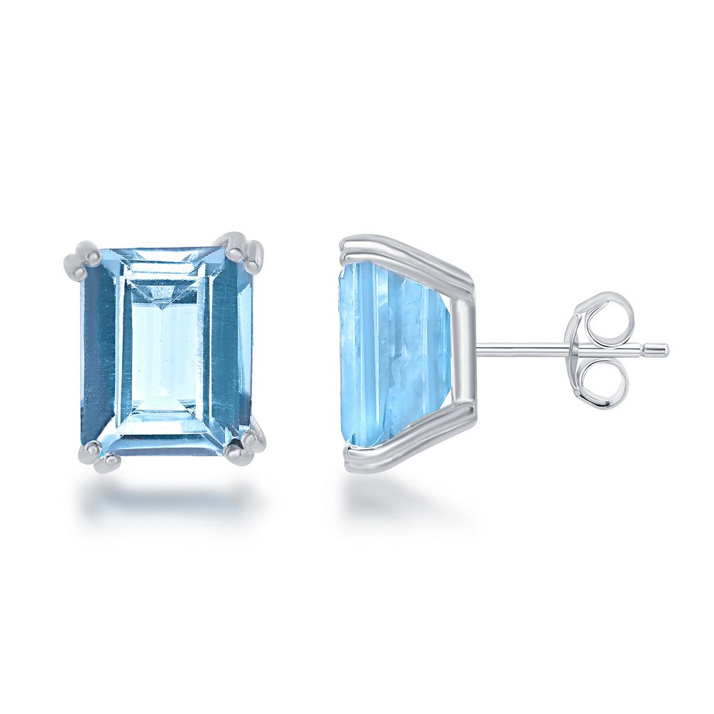 Sterling Silver Rectangle Prong Set Gem Stud Earrings - Blue Topaz Earrings