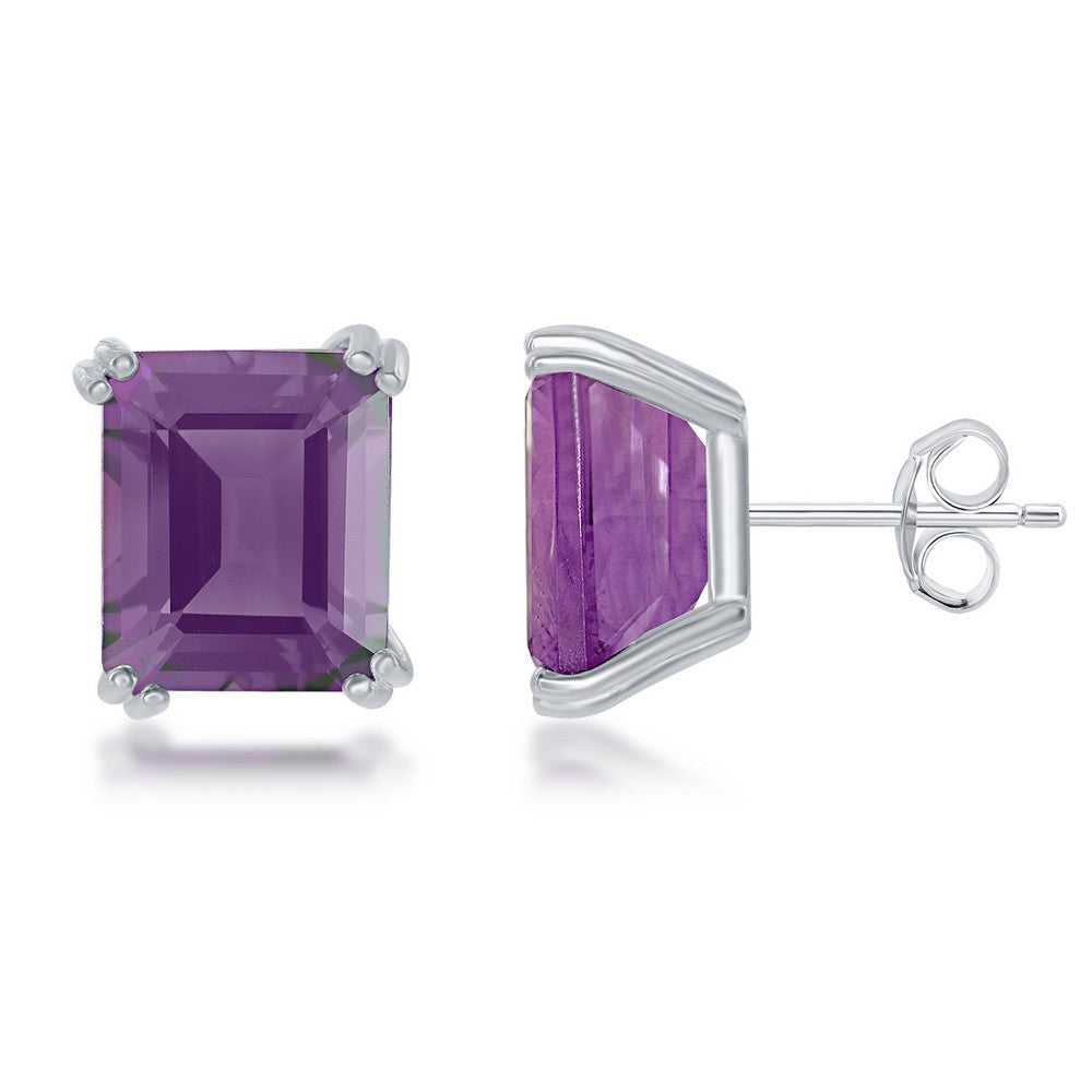 Sterling Silver Rectangle Prong Set Gem Stud Earrings - Amethyst Earrings