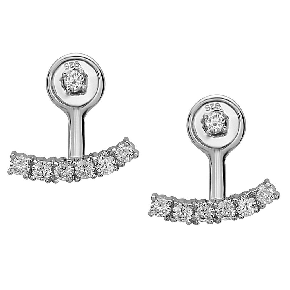 Sterling Silver Small CZ Stud with Curved CZ Bar Bottom Earrings Earrings