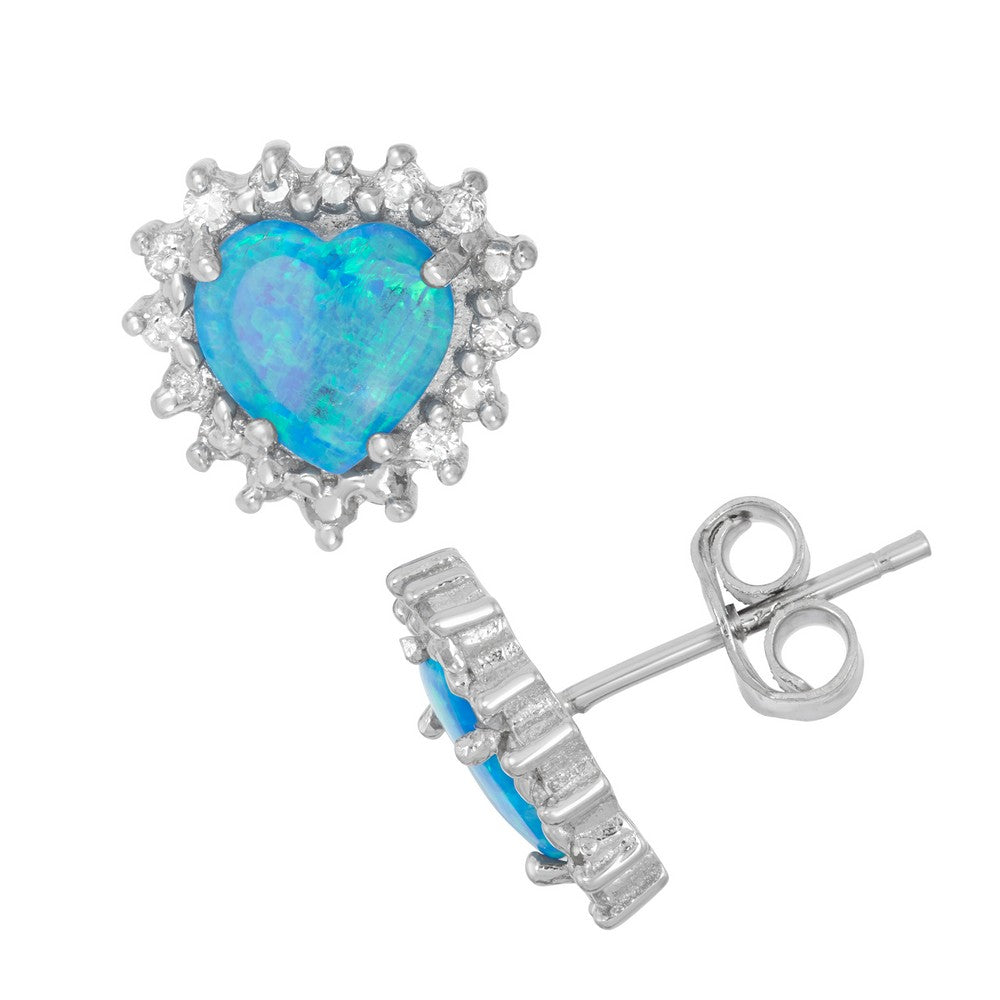 Sterling Silver Blue Inlay Opal Heart with CZ Border Stud Earrings Earrings