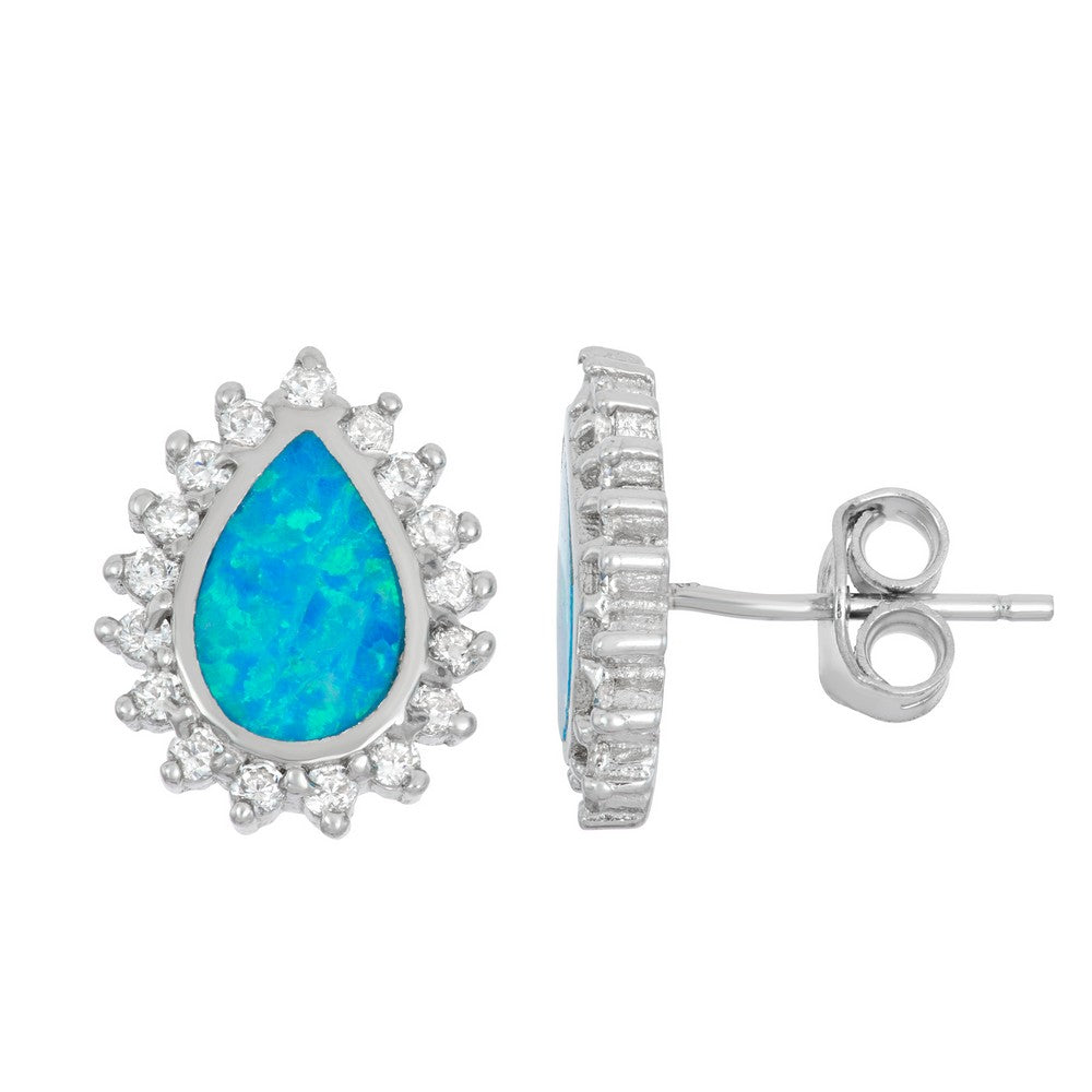 Sterling Silver Blue Inlay Opal Teardrop with CZ Border Stud Earrings Earrings