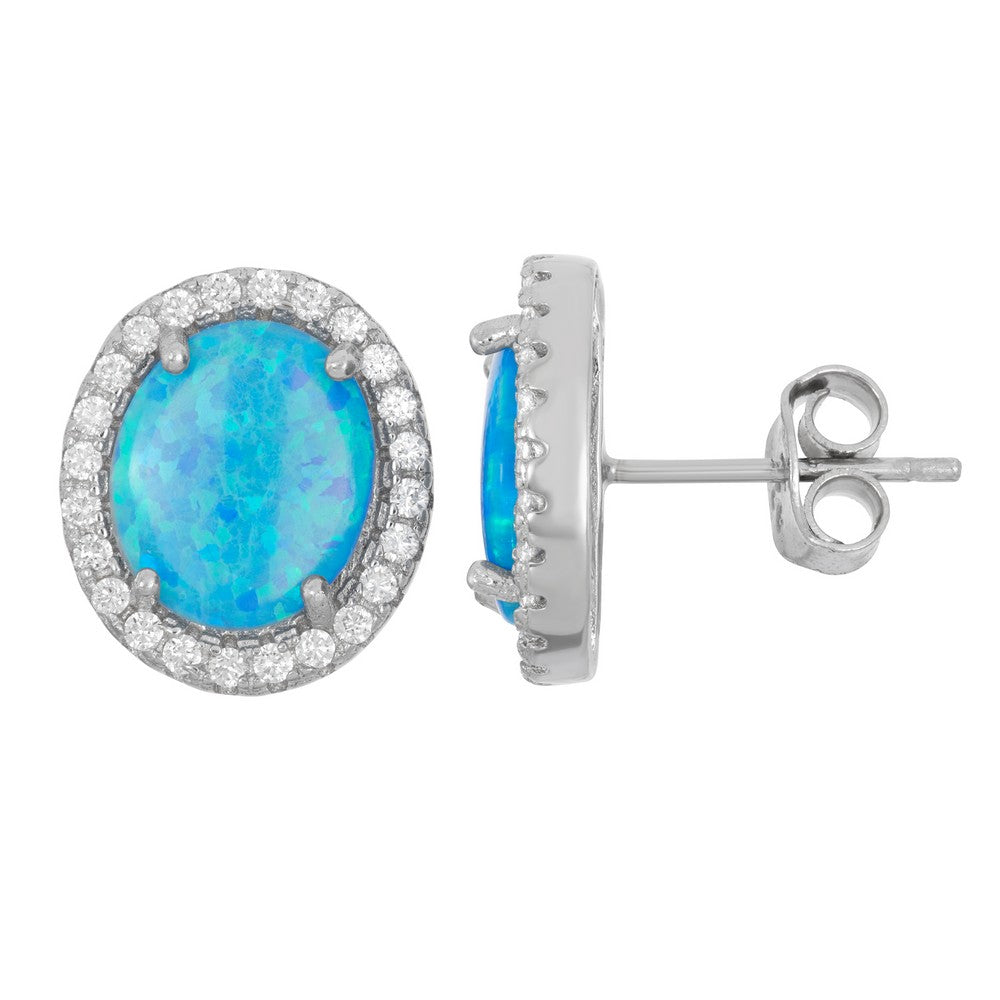 Sterling Silver Blue Inlay Opal Oval with CZ Border Stud Earrings Earrings