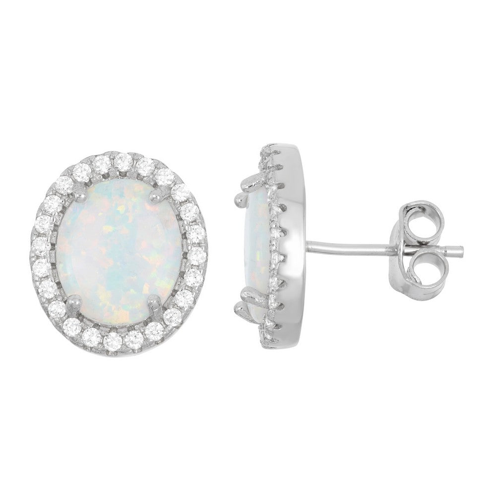 Sterling Silver White Inlay Opal Oval with CZ Border Stud Earrings Earrings